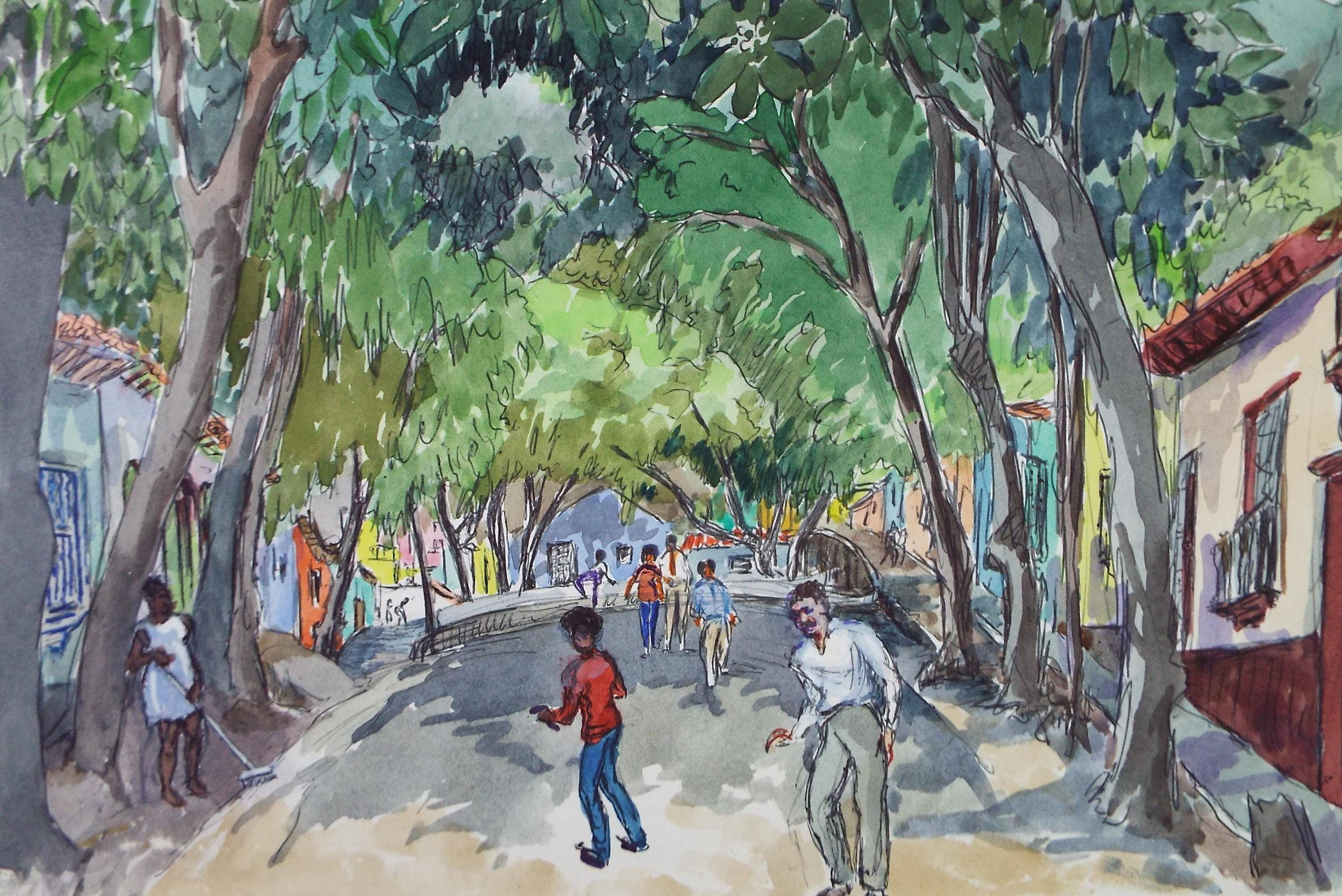 Original Watercolour, 'South American Street scene with figures', Circa 1950's, Ivy T. Attwell (1895-1985)