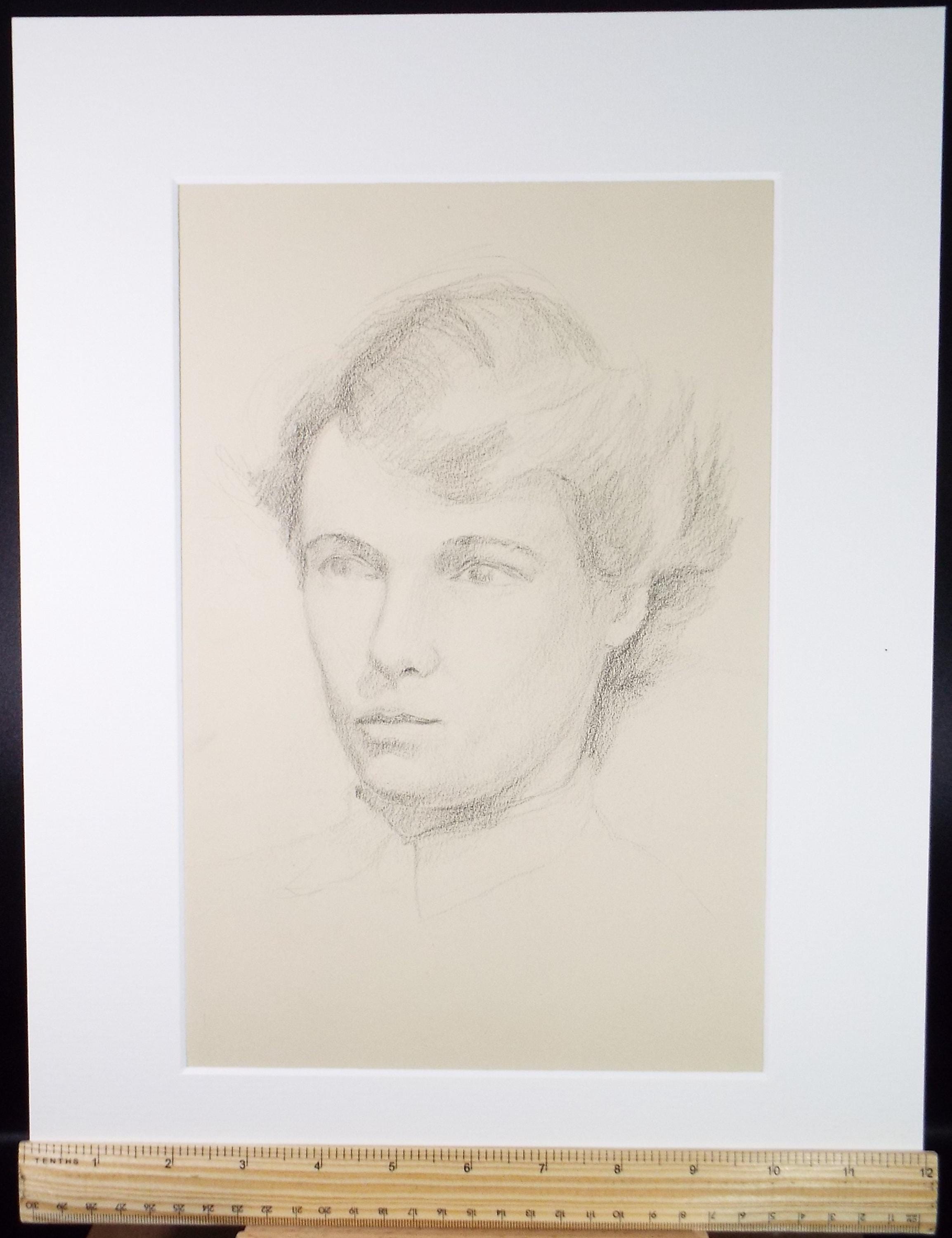 Mid-Century 'Woman Portrait', Original pencil drawing by Pauline Plummer