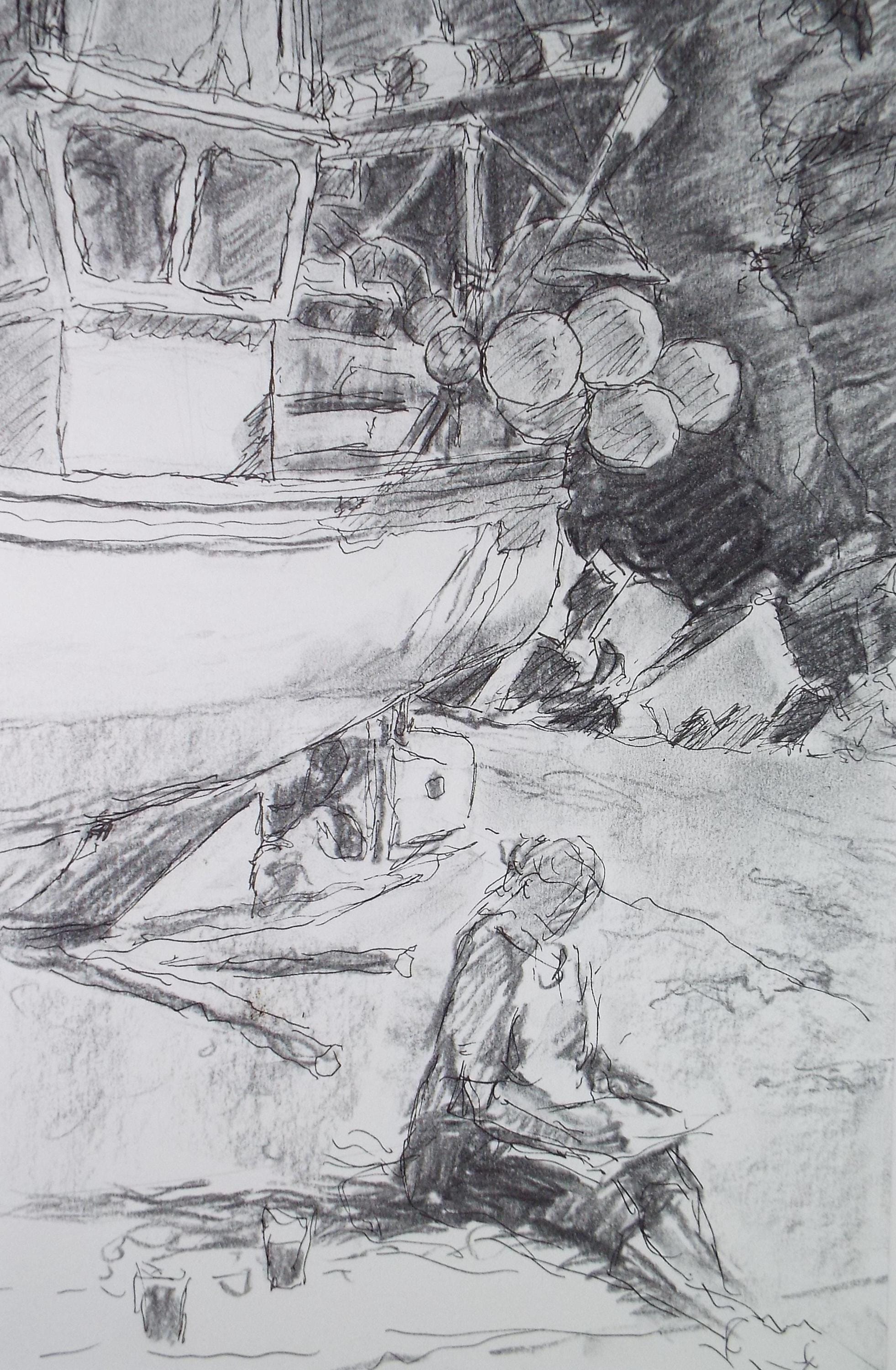 Pencil & ink drawing, 'woman with fishing boat' Drawing by Pauline Plummer, 1990s