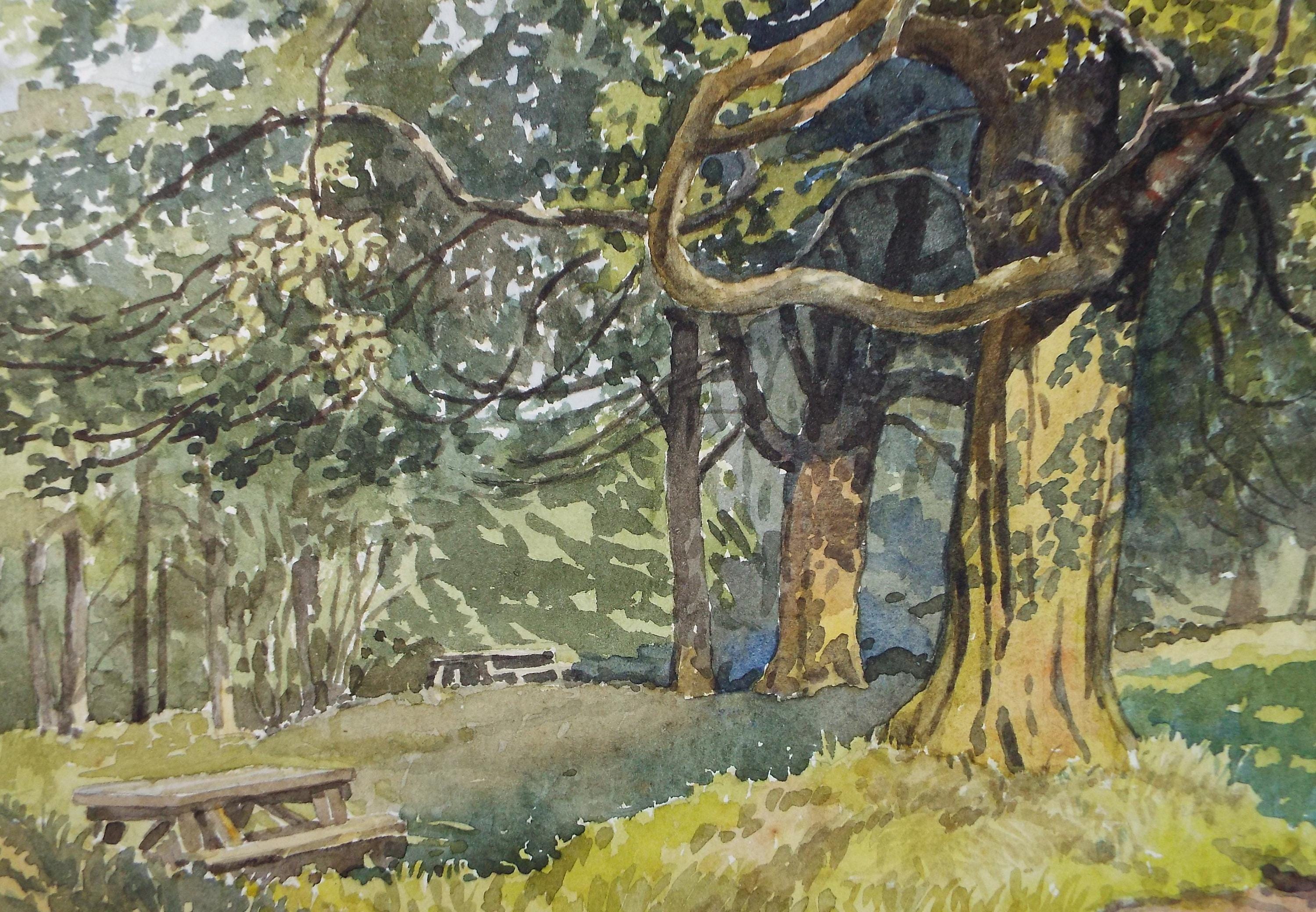 Original Watercolour, 'Woodland with picnic tables', Richard A Siddal, Circa 1950's