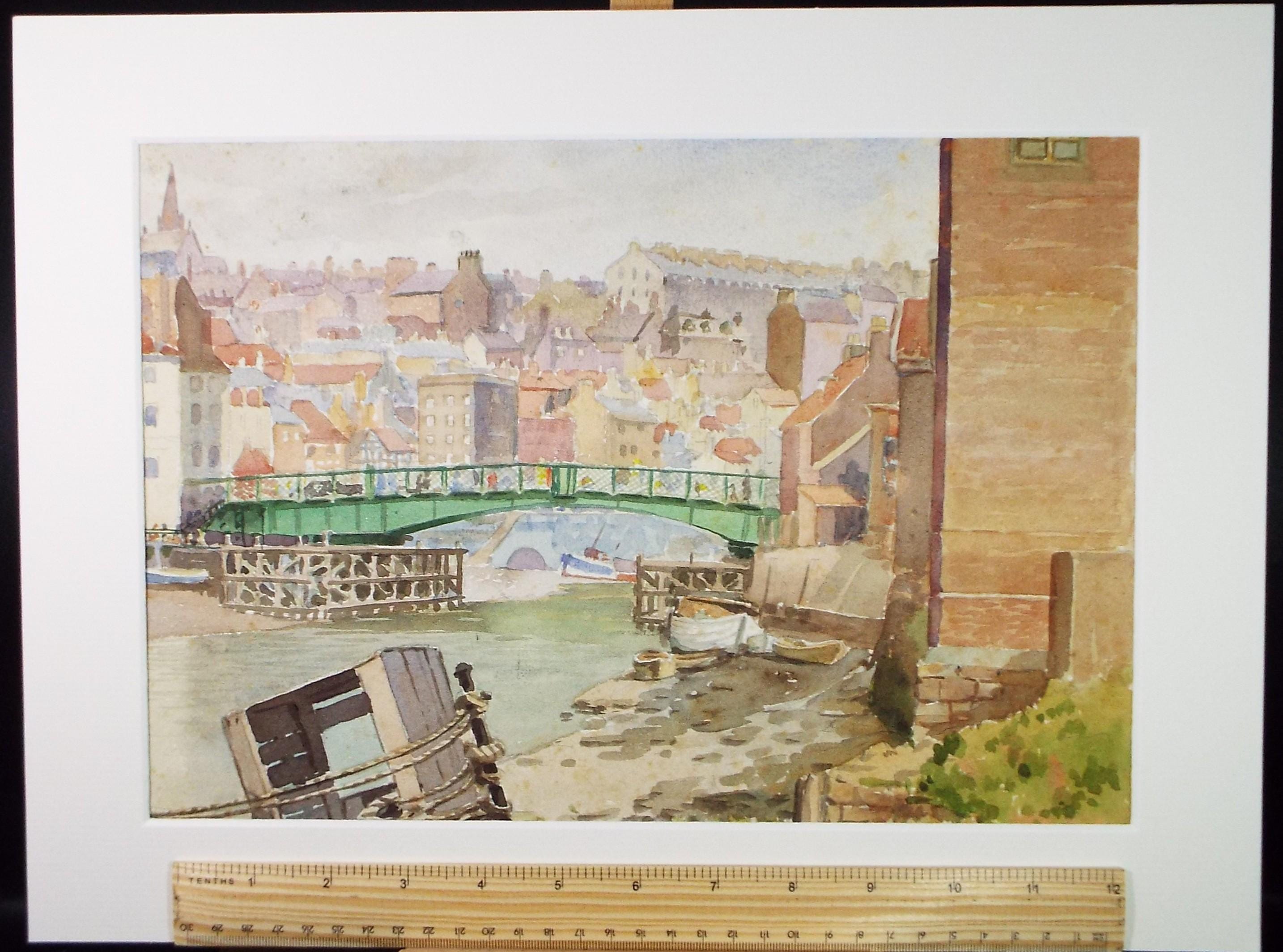 Original Watercolour, 'Town on the River ', Richard A Siddal, Circa 1950's