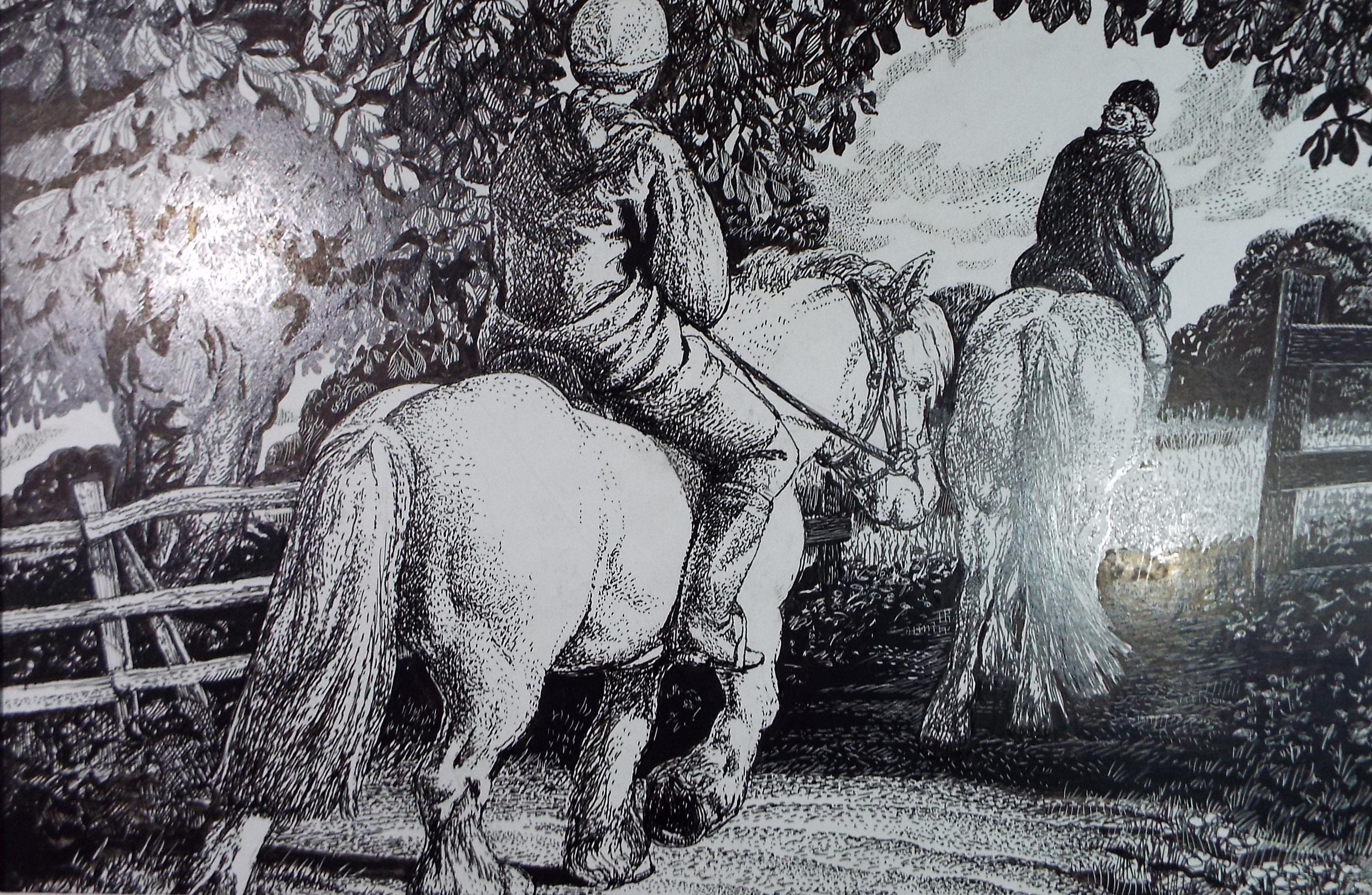 Original Scraperboard and ink drawing, 'Riding Out', Lorraine Abraham RSMA (1941-2023), Circa 1990's
