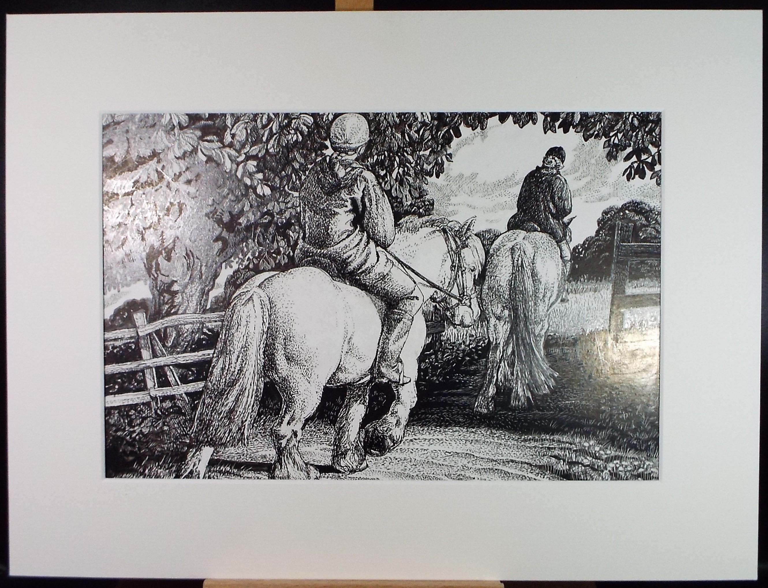 Original Scraperboard and ink drawing, 'Riding Out', Lorraine Abraham RSMA (1941-2023), Circa 1990's