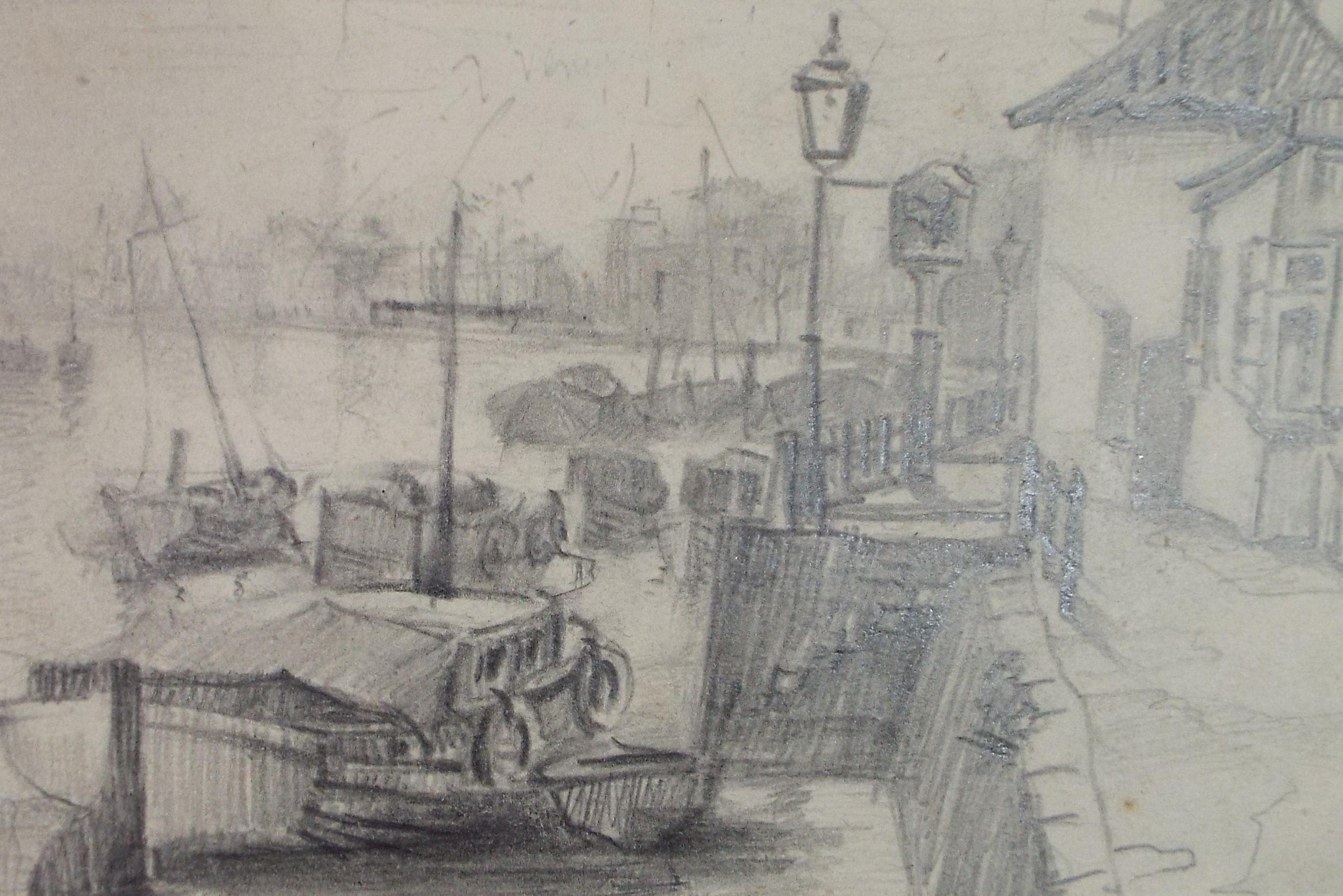 Original Pencil drawing, 'Quayside with Boats', Circa 1950's
