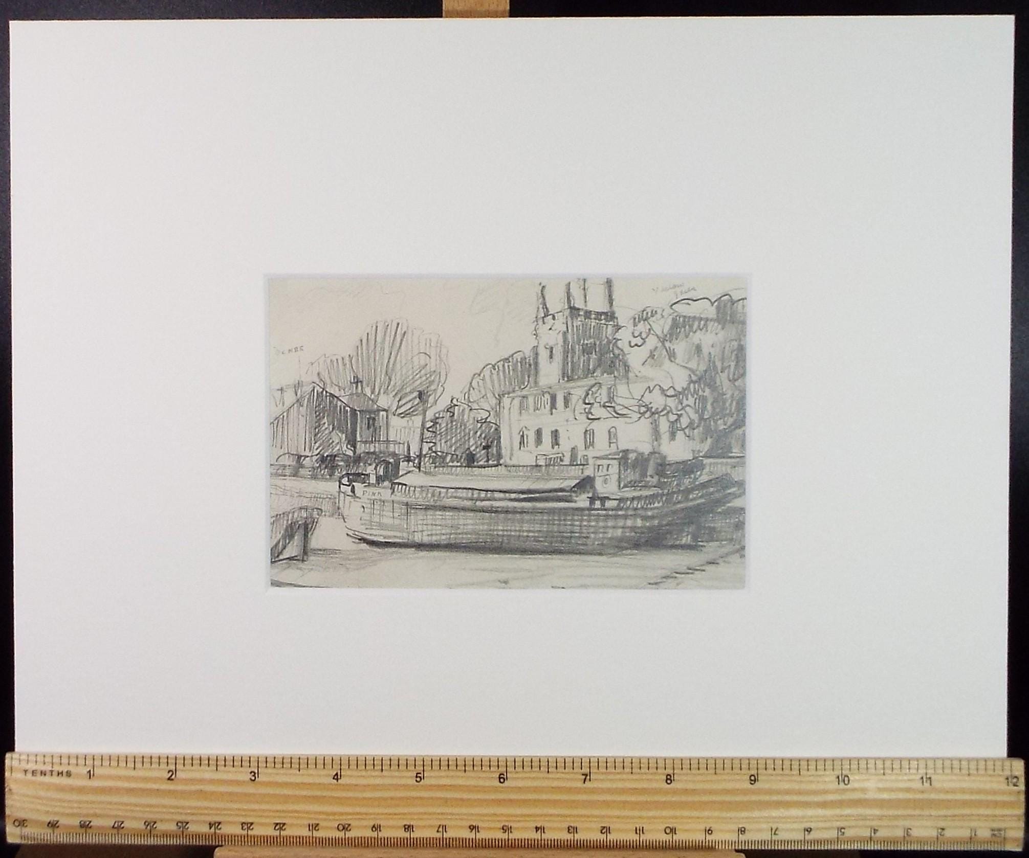 Original Pencil drawing, 'Barges at low tide', Circa 1950's