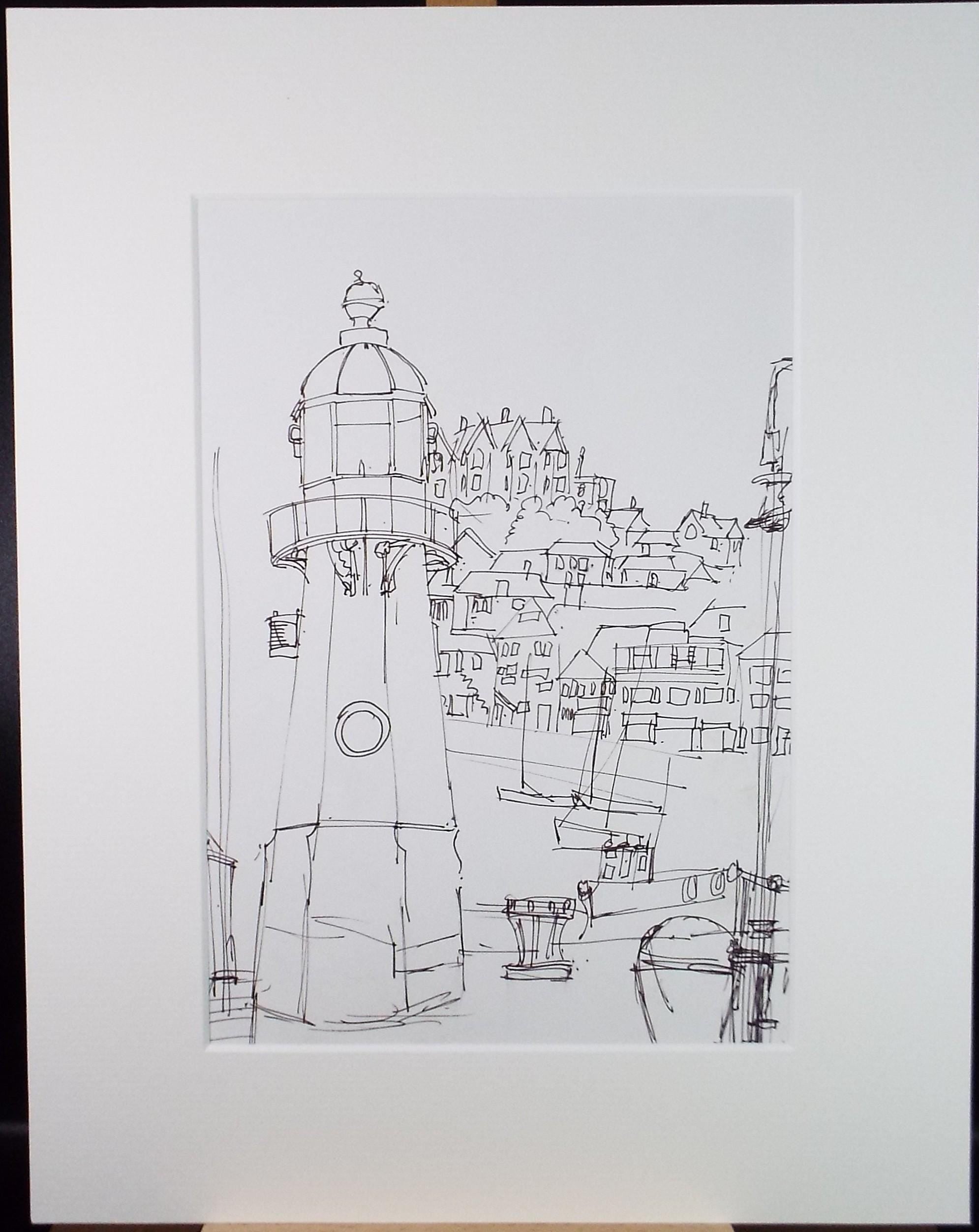 Original Pen & Ink, 'Quayside with Lighthouse', Graham Benton RBSA (1934-2022), Circa 1990's