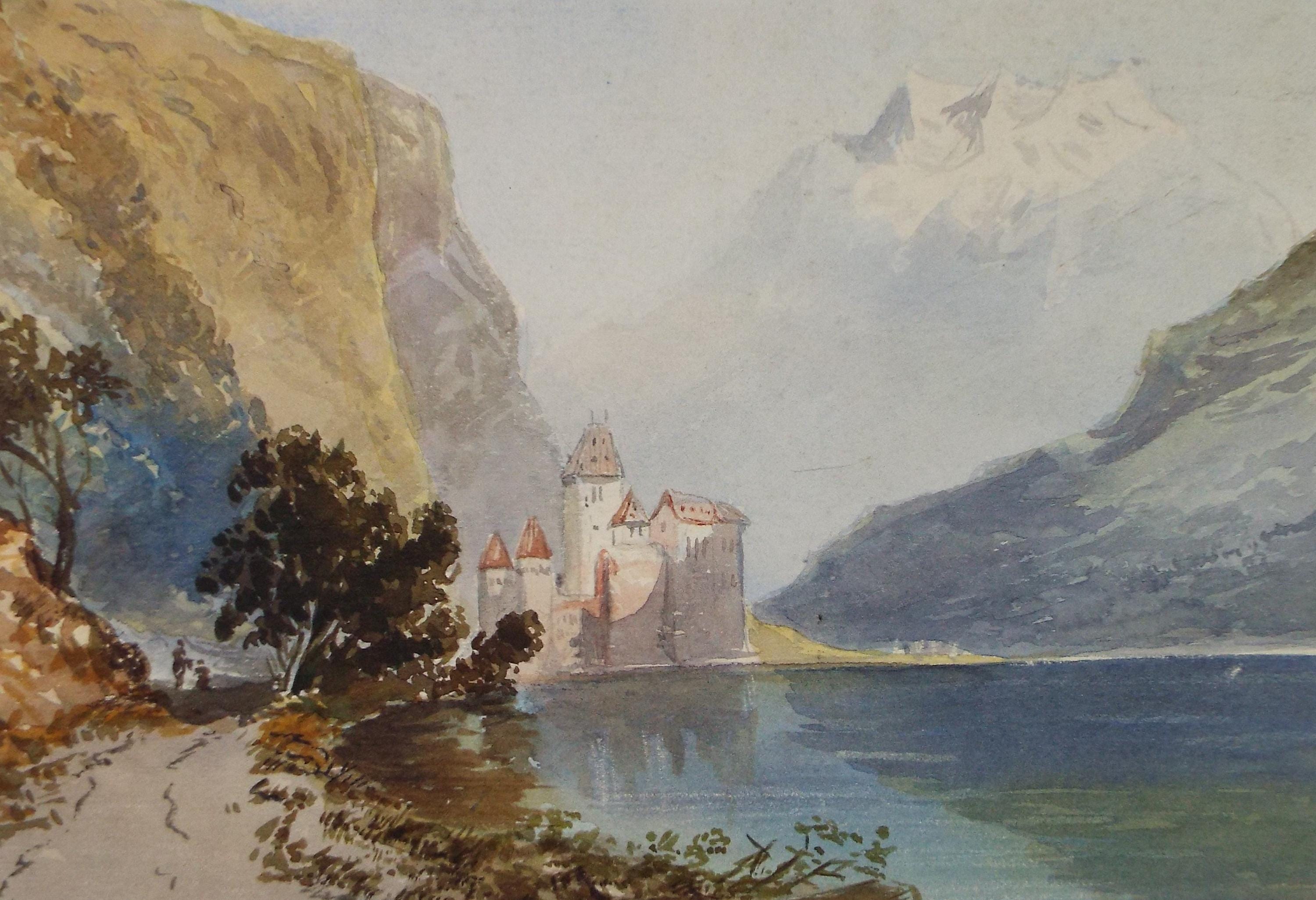 Original Watercolour, late 19th Century , 'Castle on the lake ', Artist Unknown