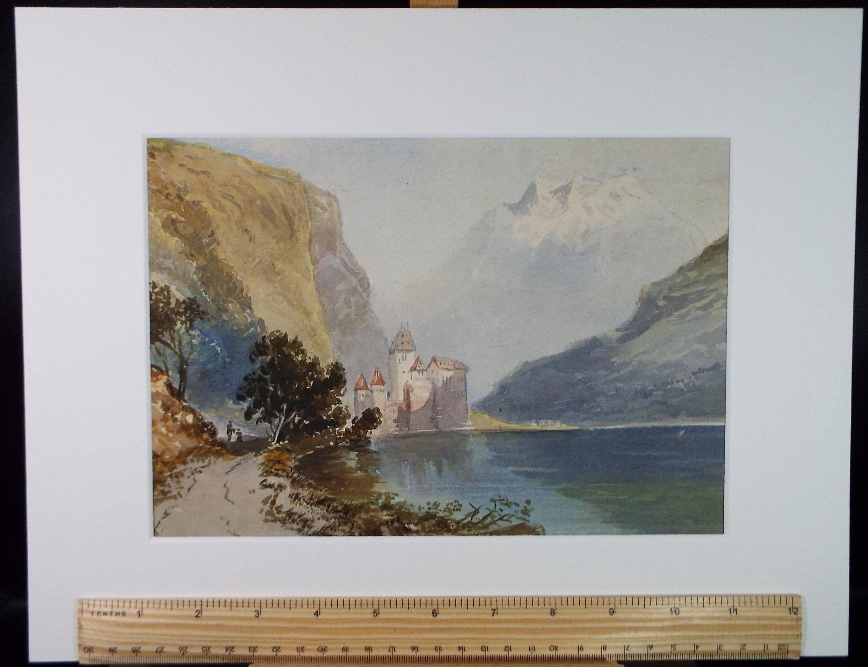 Original Watercolour, late 19th Century , 'Castle on the lake ', Artist Unknown