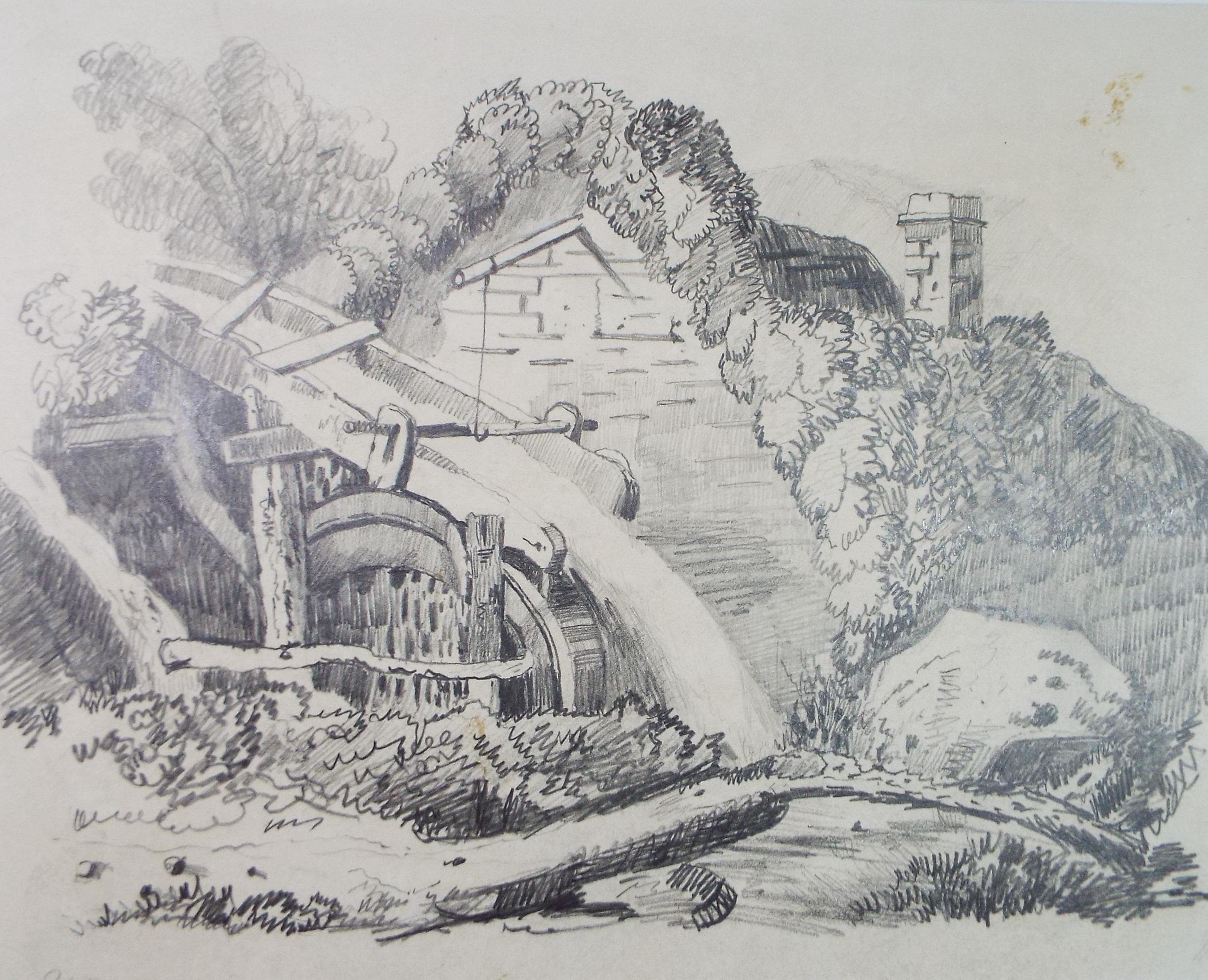 Original Pencil Drawing, 'The Watermill', Late 19th Century, unsigned
