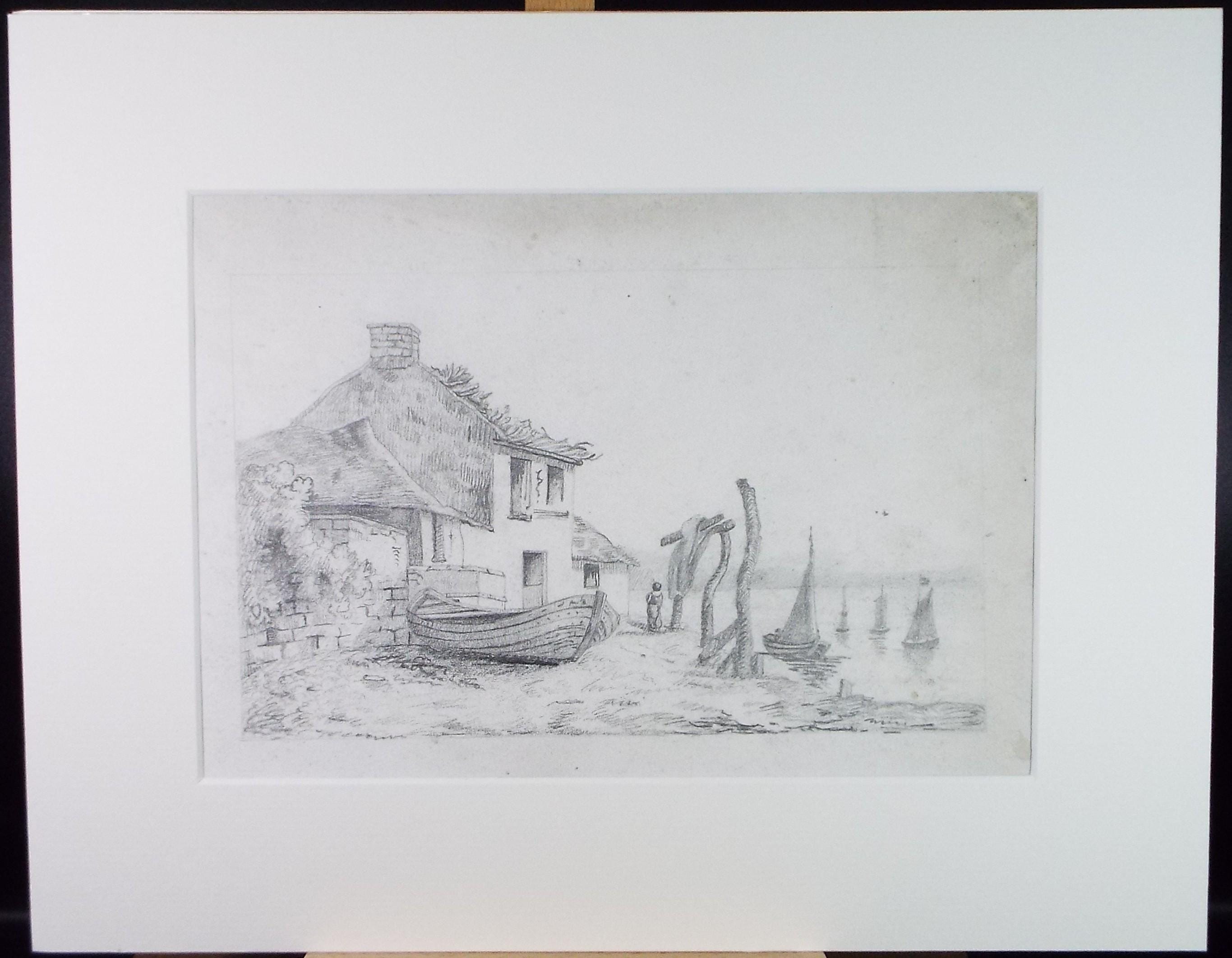 Original Pencil Drawing, 'Coastal Cottage with figure and boats', late 19th Century, Artist Unknown