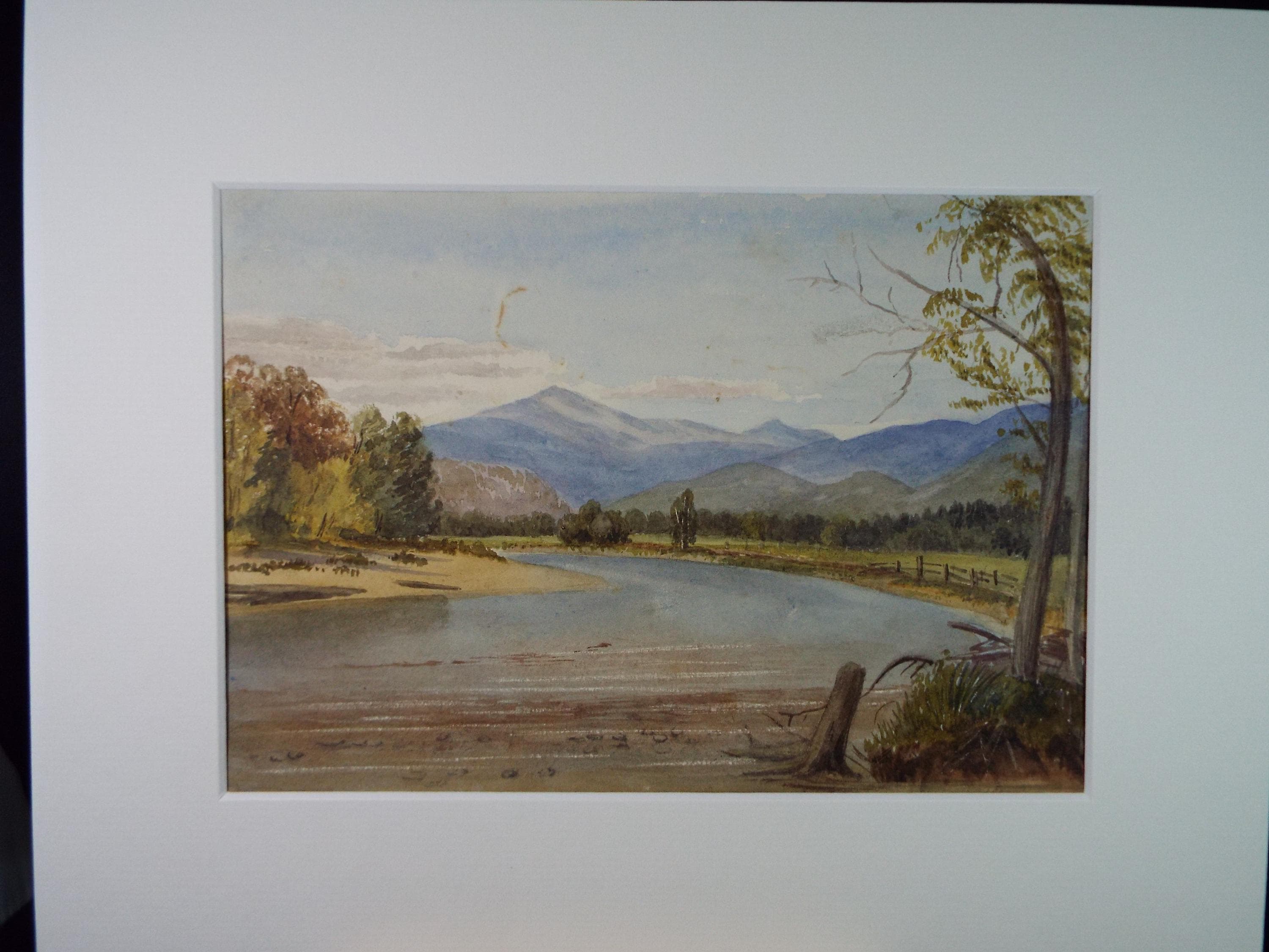 Original Watercolour, 'River landscape with distant hills', Late 19th Century