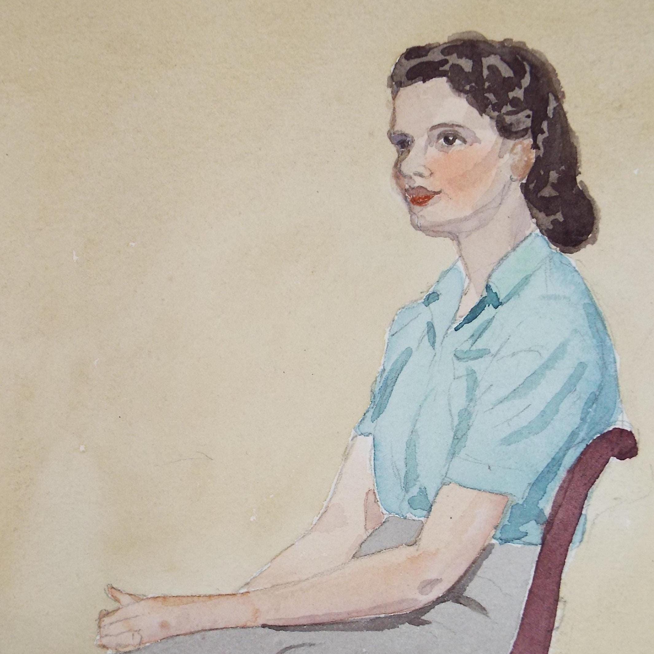 Original Watercolour, 'Portrait of a Seated Woman', 1940s, Richard A. Siddal