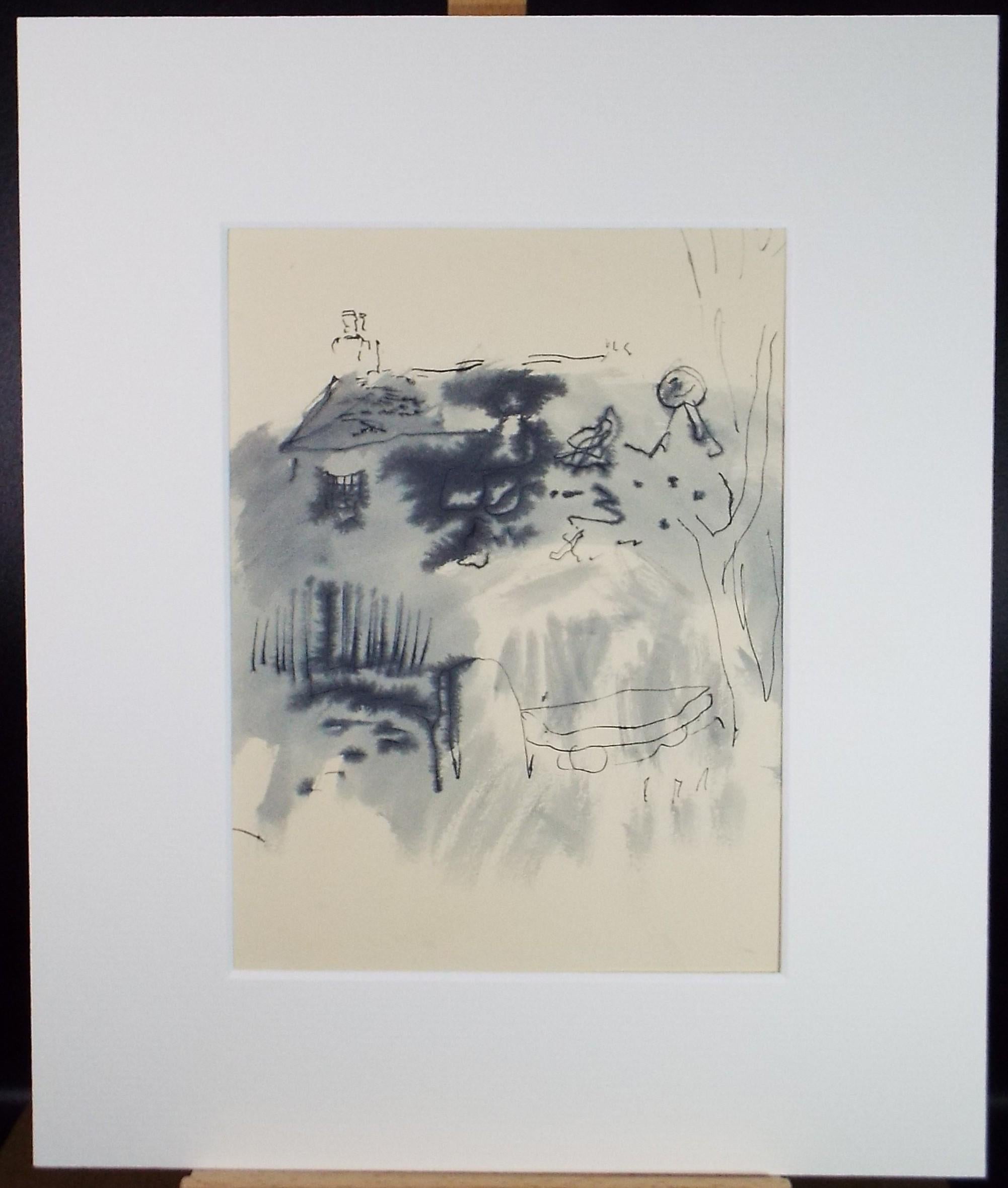 Original Watercolour with ink, 'Cottage with figure ' c1950's - William D Clyne (1922-1981)