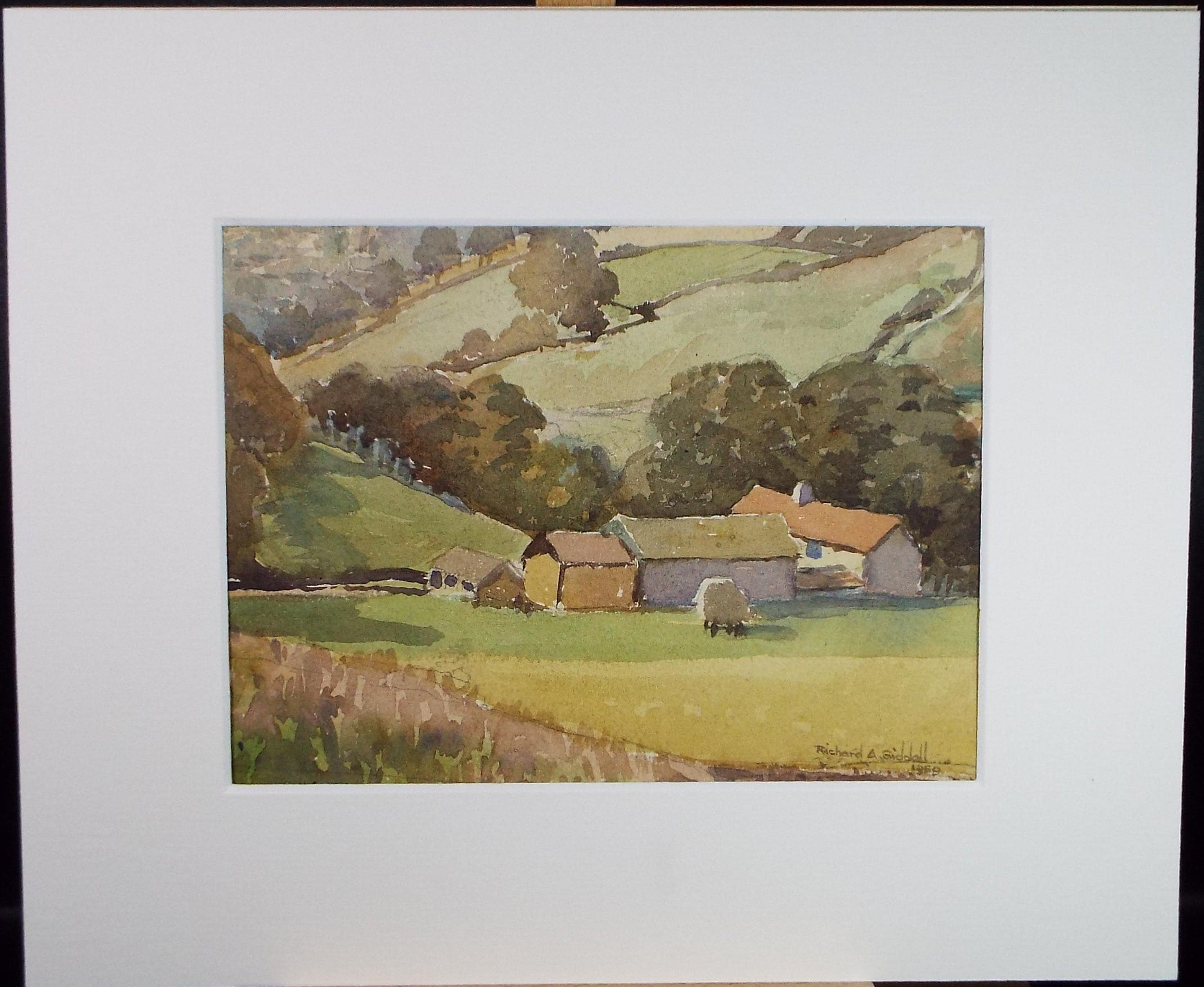 Original watercolour drawing, 'Farm Buildings in a Landscape', dated 1959, Richard A Siddall
