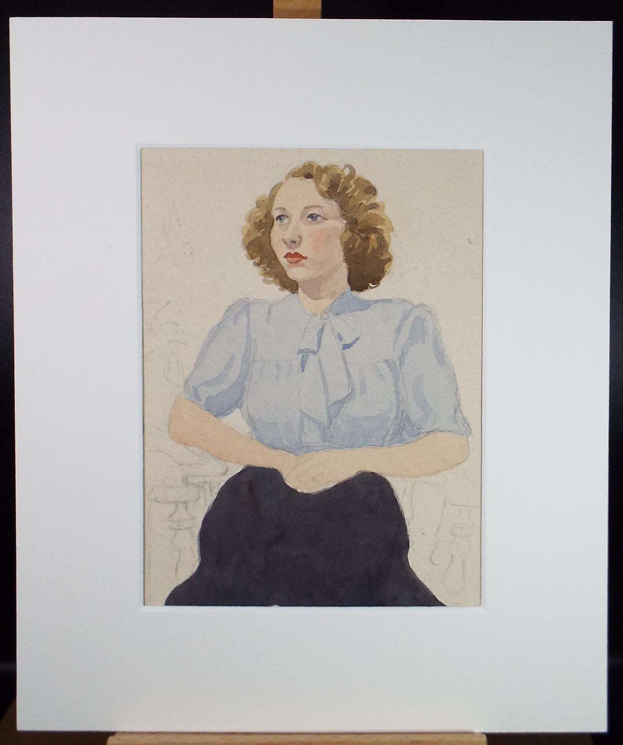 Original Watercolour, 'Portrait of a Seated Woman', 1940s, Richard A. Siddal