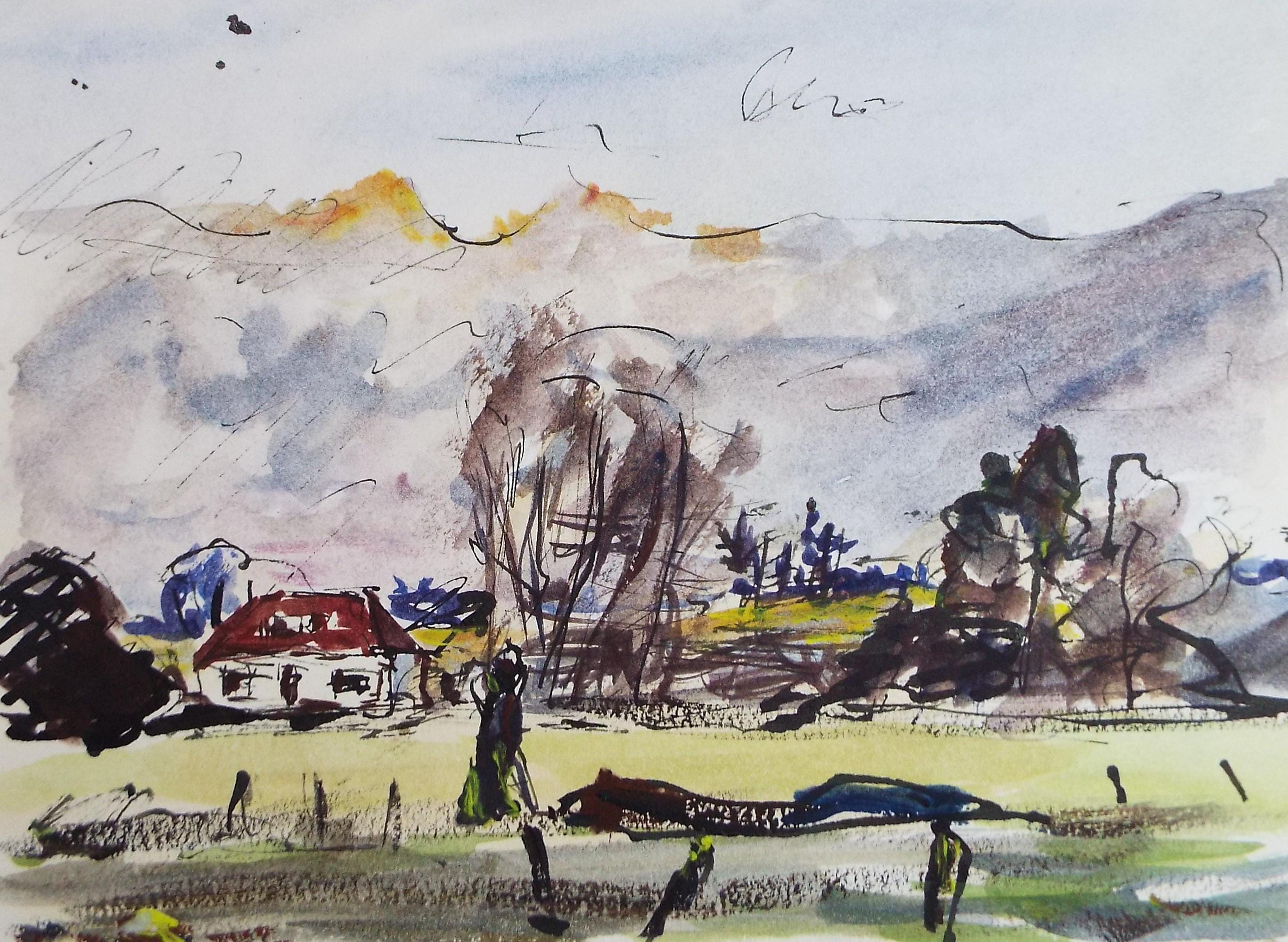 Original Watercolour & Ink, 'Cottage in a Landscape, Circa 1970's , Geoffrey Burrows (1934-2023)