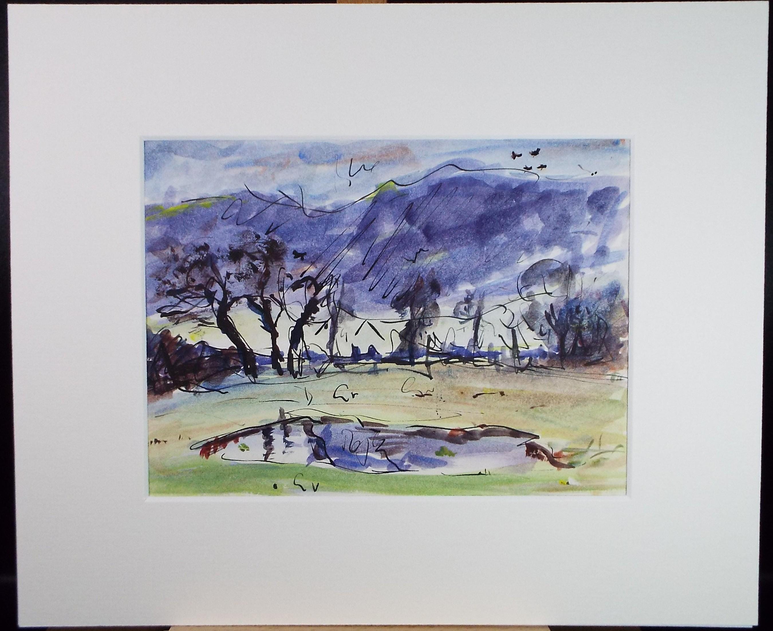 Original Watercolour & Ink, 'Pond in a Landscape, Circa 1970's , Geoffrey Burrows (1934-2023)