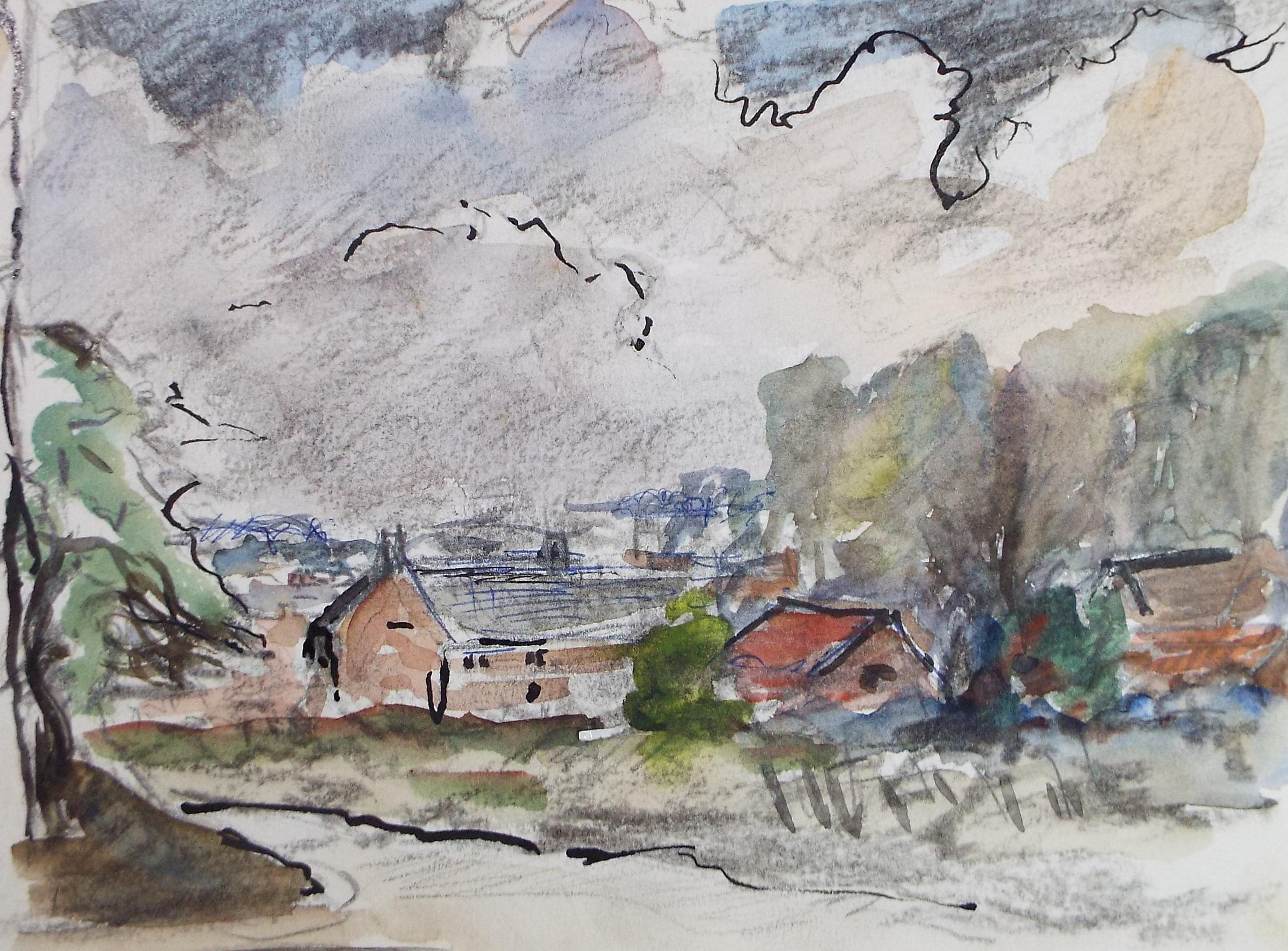 Original Watercolour & Ink, 'Farm Buildings in a Landscape, Circa 1970's , Geoffrey Burrows (1934-2023)