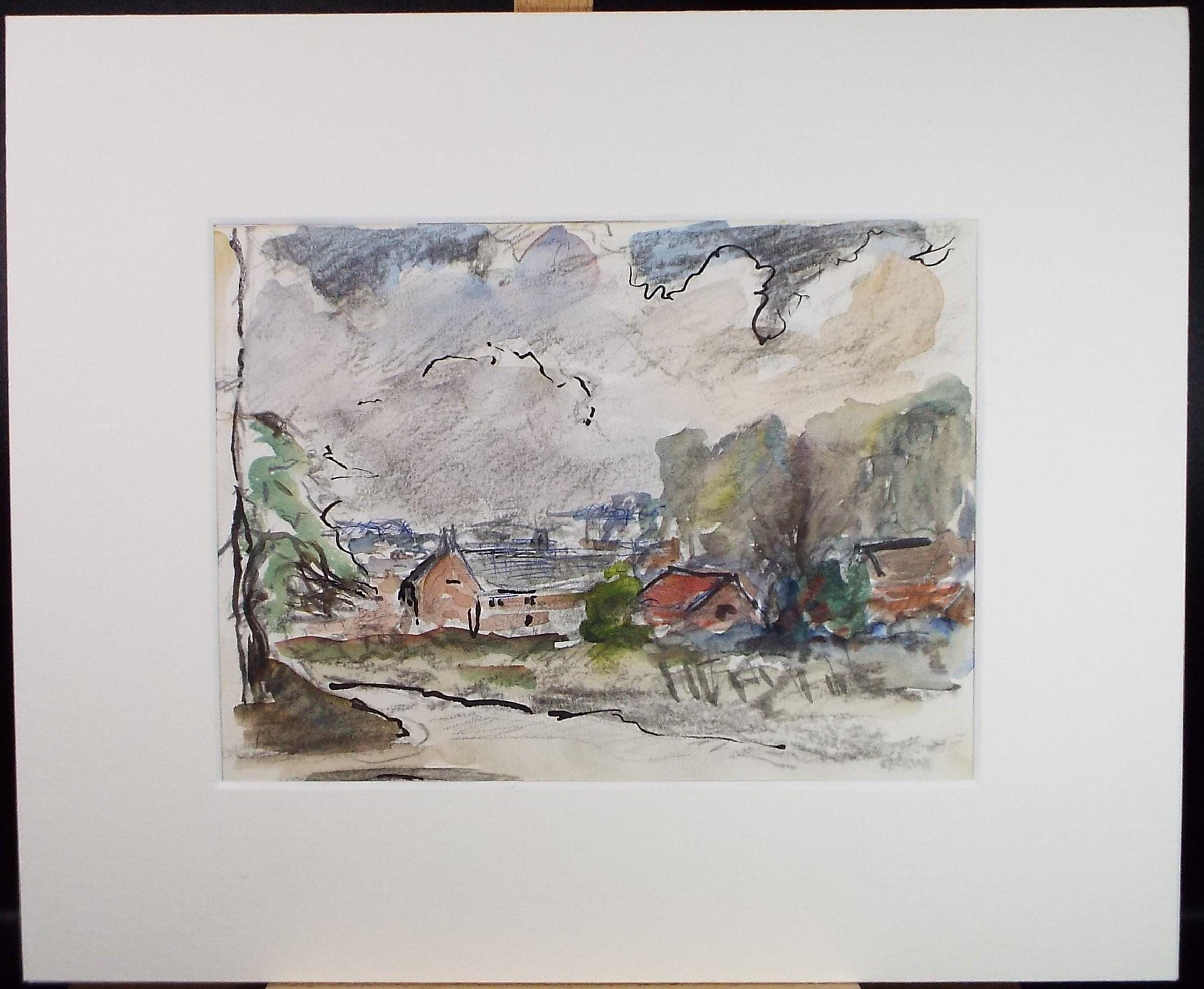 Original Watercolour & Ink, 'Farm Buildings in a Landscape, Circa 1970's , Geoffrey Burrows (1934-2023)