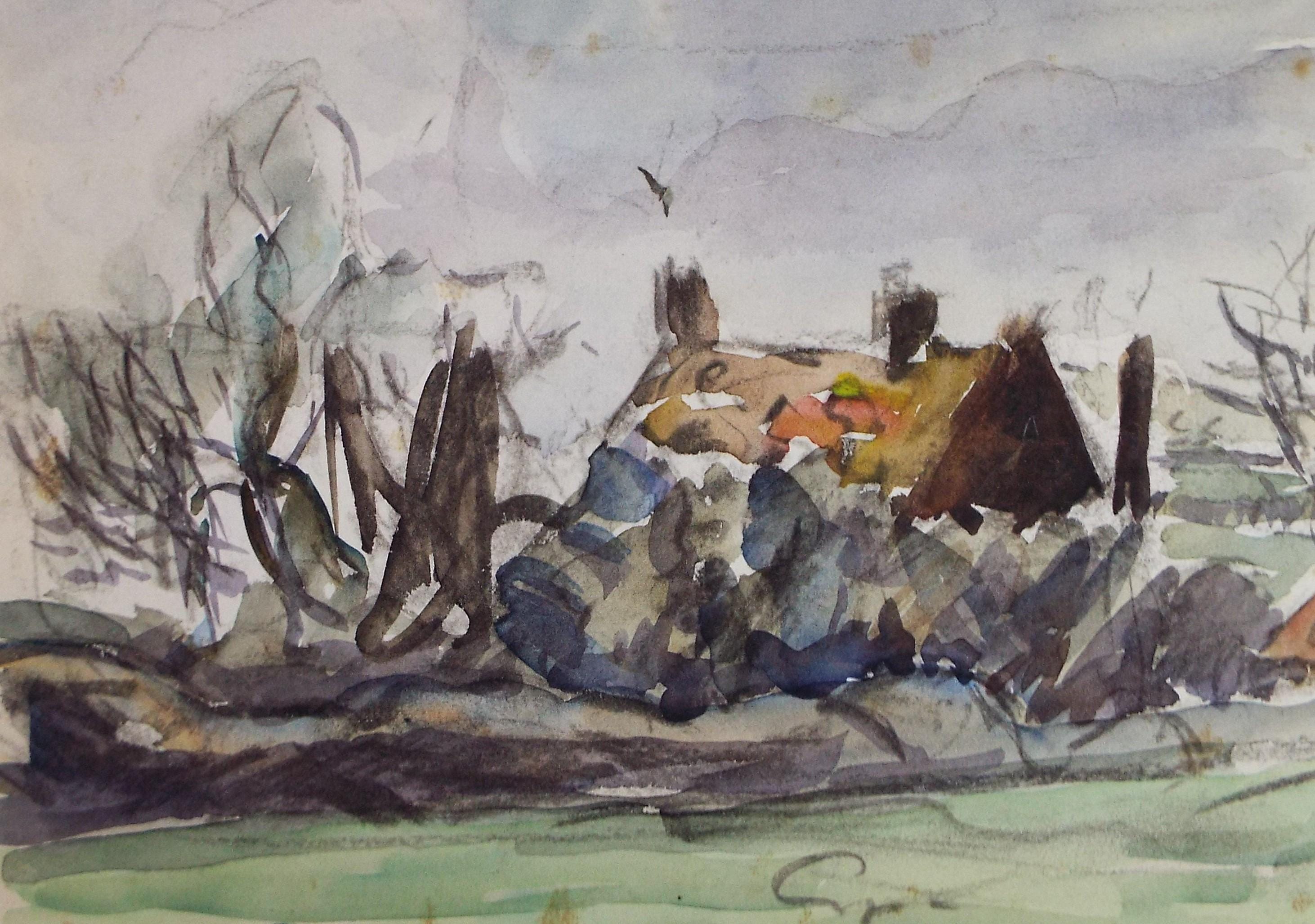 Original Watercolour & Ink, 'Cottage in a Landscape, Circa 1970's , Geoffrey Burrows (1934-2023)