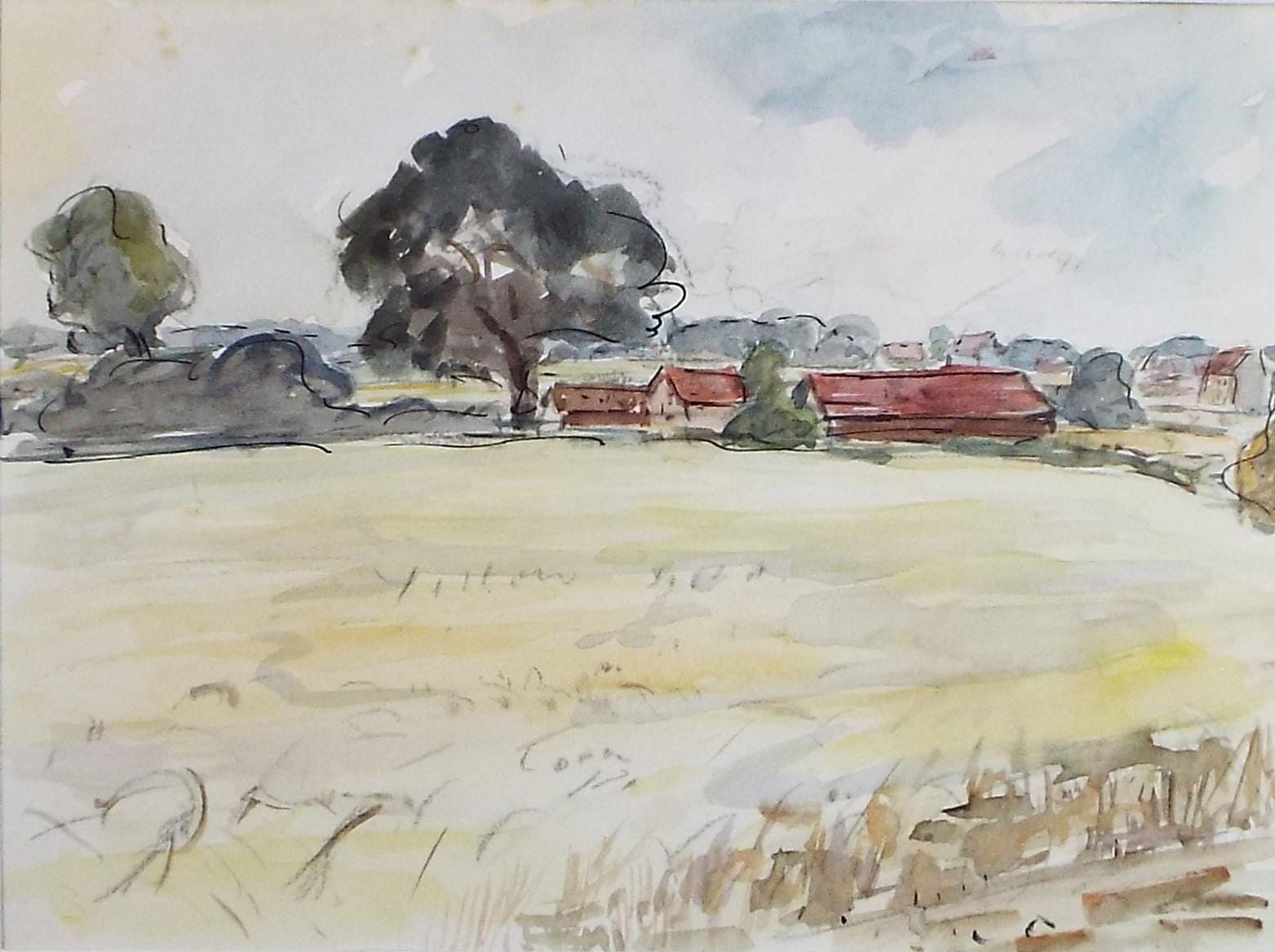 Original Watercolour & Ink, 'Farm Buildings in a Landscape, Circa 1970's , Geoffrey Burrows (1934-2023)