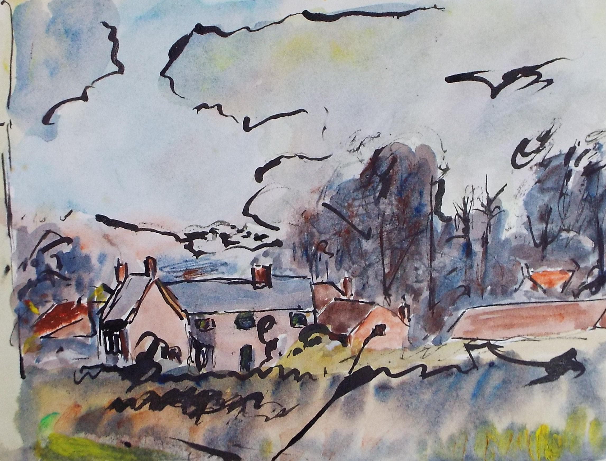 Original Watercolour & Ink, 'Farm Buildings in a Landscape, Circa 1970's , Geoffrey Burrows (1934-2023)