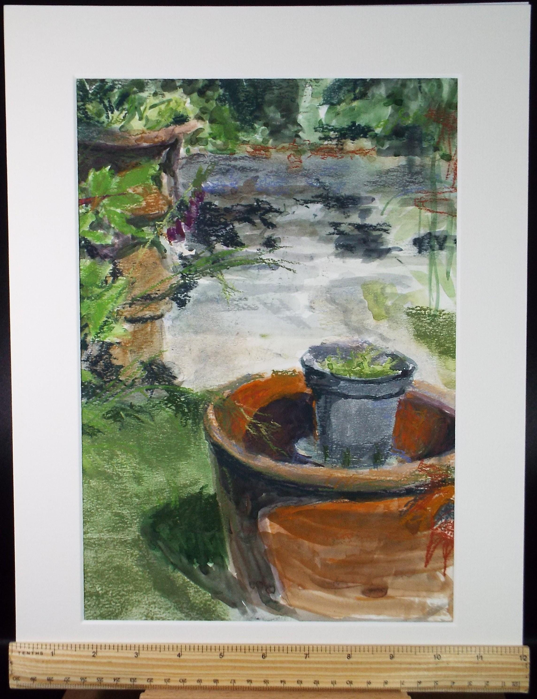 Original watercolour & Pastel, 'Pots in the Garden', Pauline Plummer (b1933), 1990s