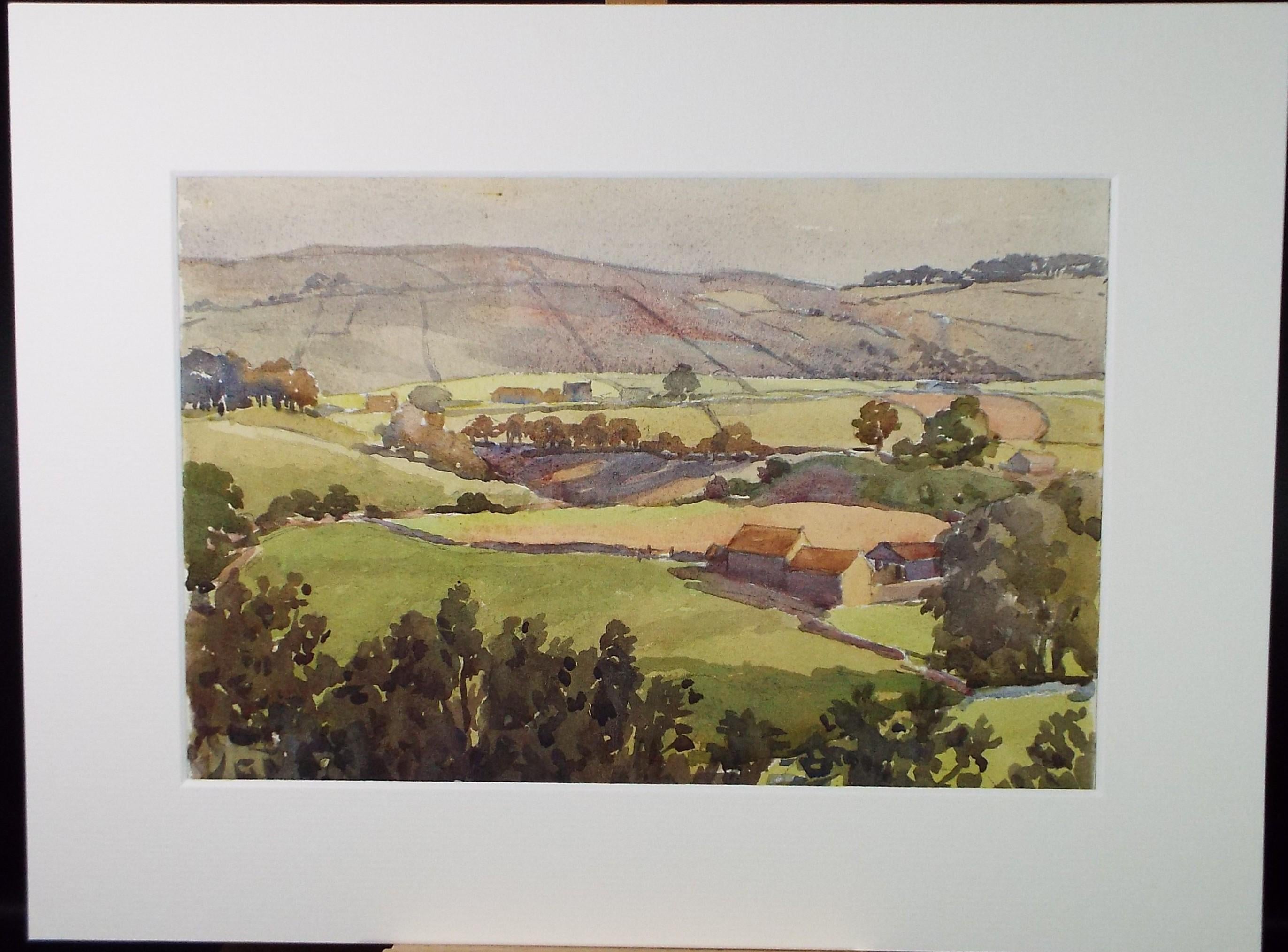 Original Watercolour 'Green Landscape with farm buildings', Circa 1950's, Richard A Siddall