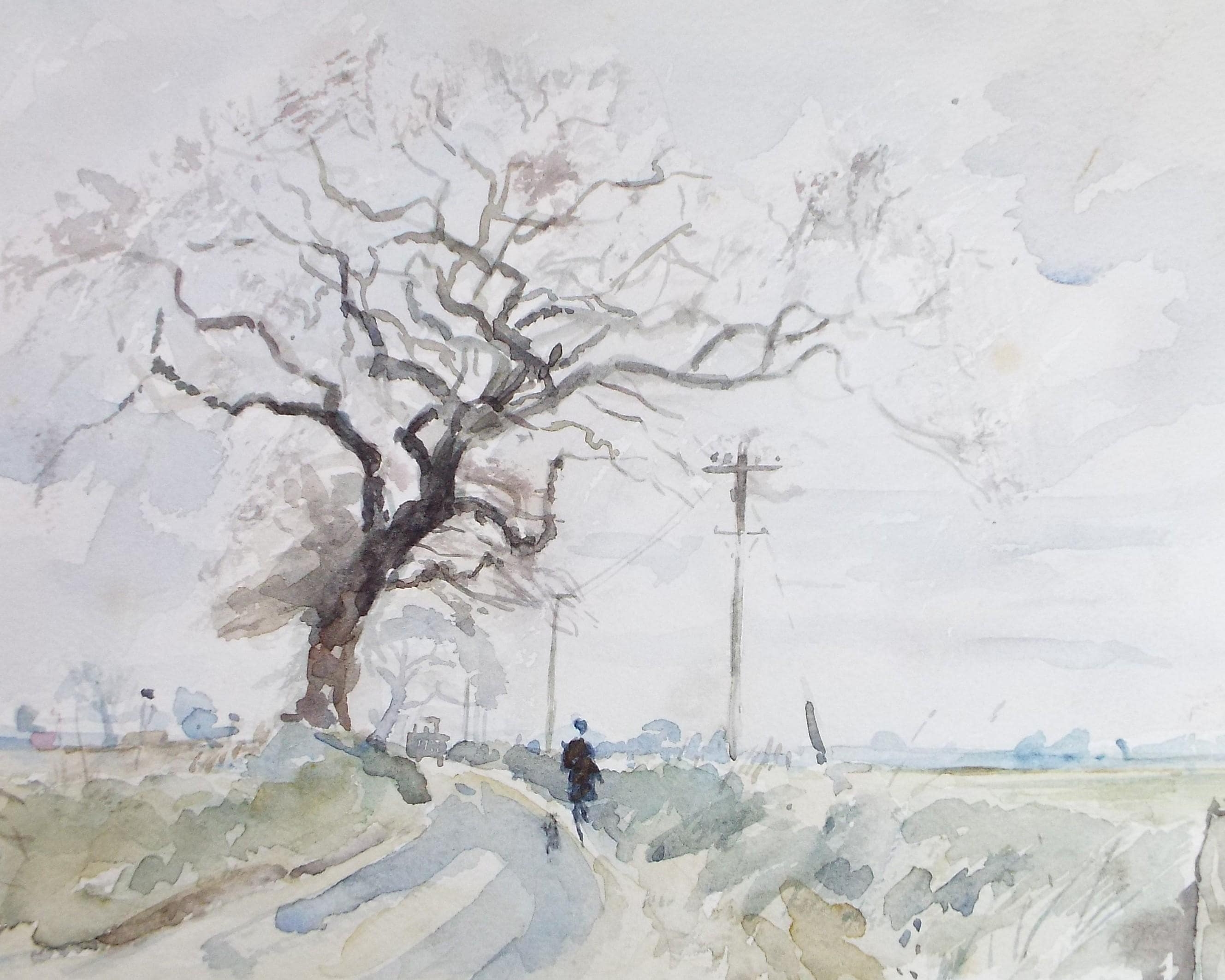 Original Watercolour, 'Figure in a country lane', Circa 1970's , Geoffrey Burrows (1934-2023)