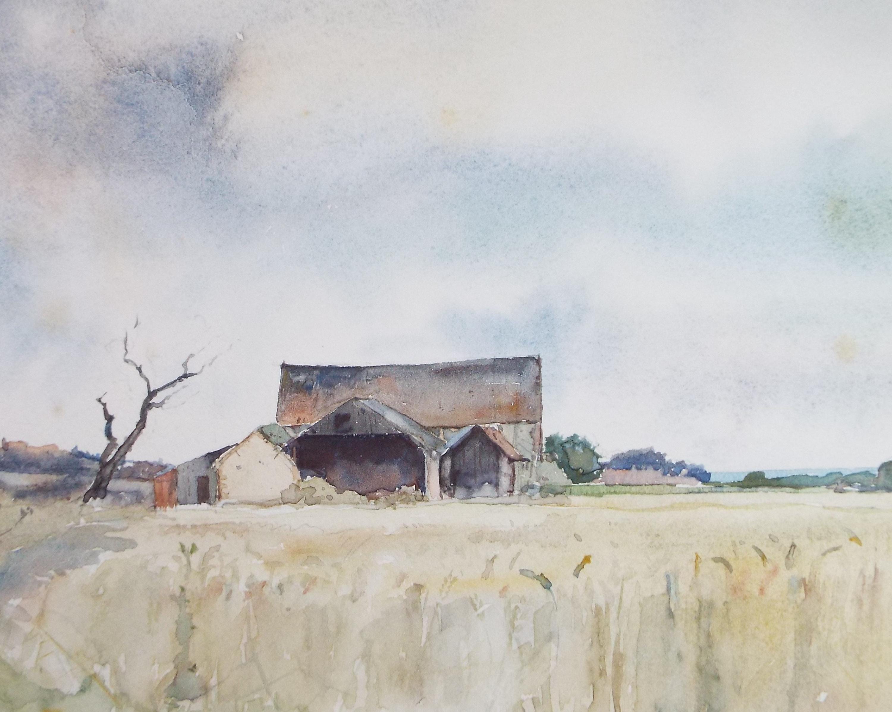 Original Watercolour, 'Barn in a Corn Field', Circa 1970's , Geoffrey Burrows (1934-2023)