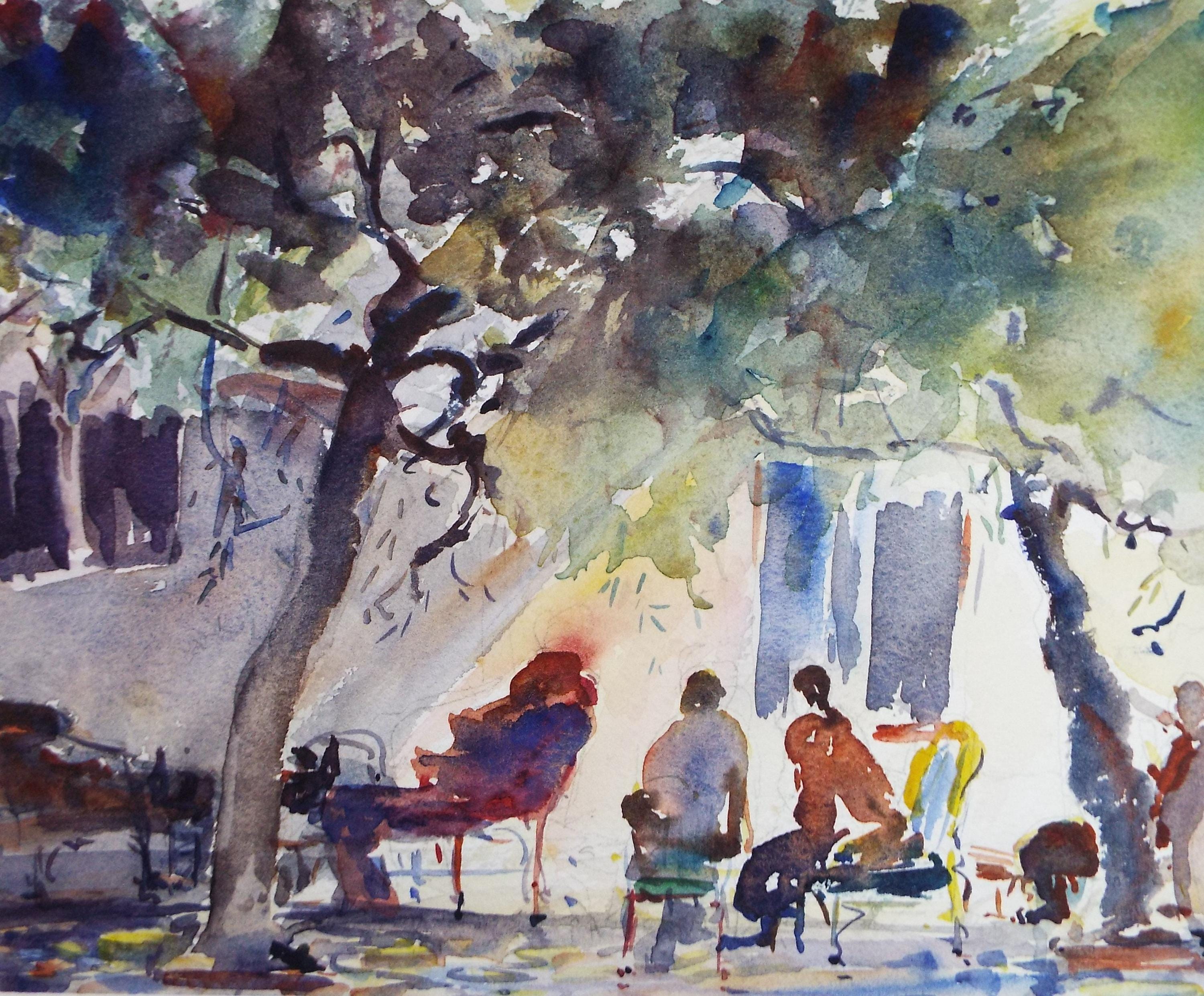 Original Watercolour, 'Figures outside a cafe' , Circa 1970's , Geoffrey Burrows (1934-2023)