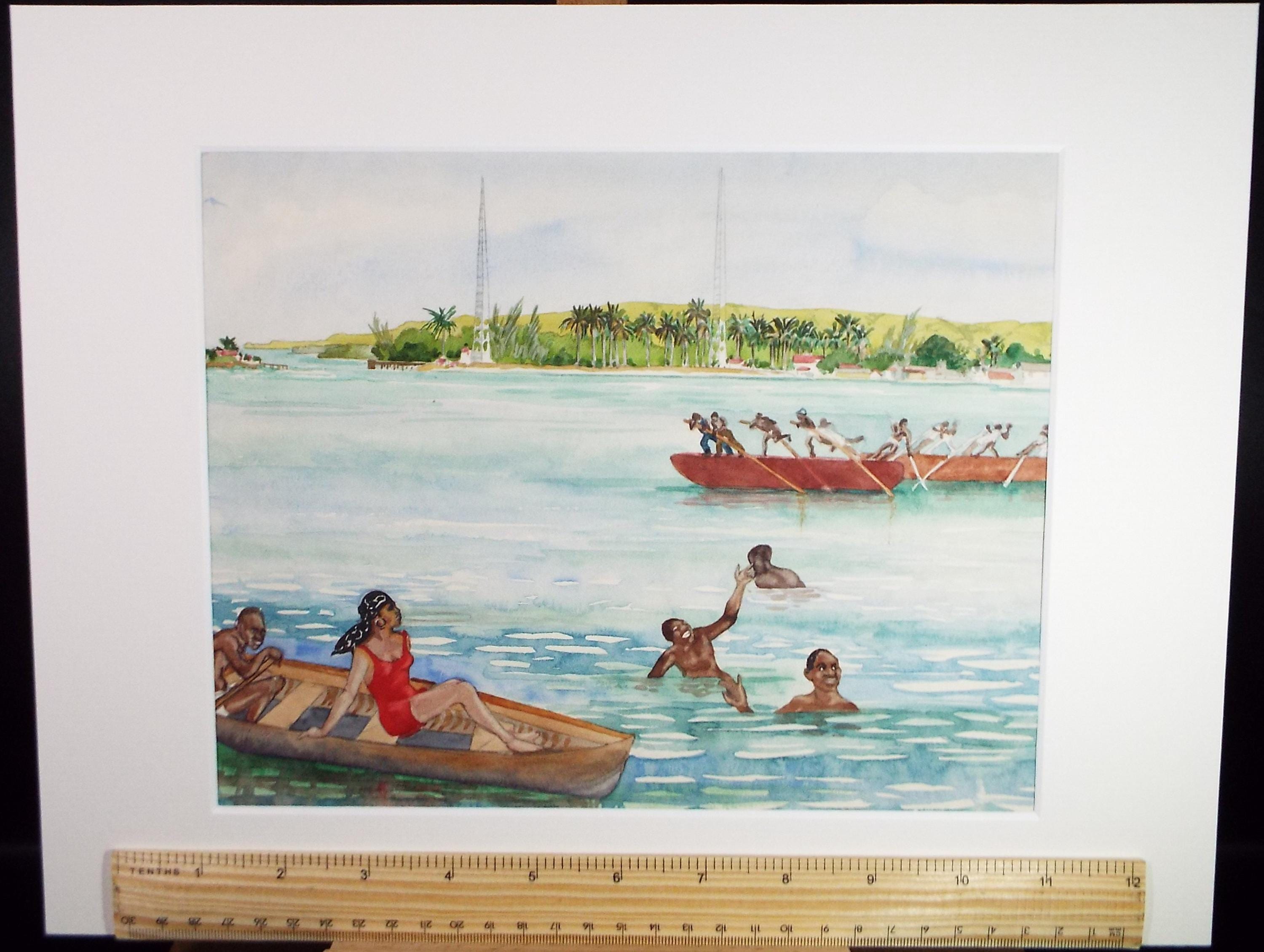 Original Watercolour, 'African coast with figures', Circa 1950's, Ivy T. Attwell (1895-1985)