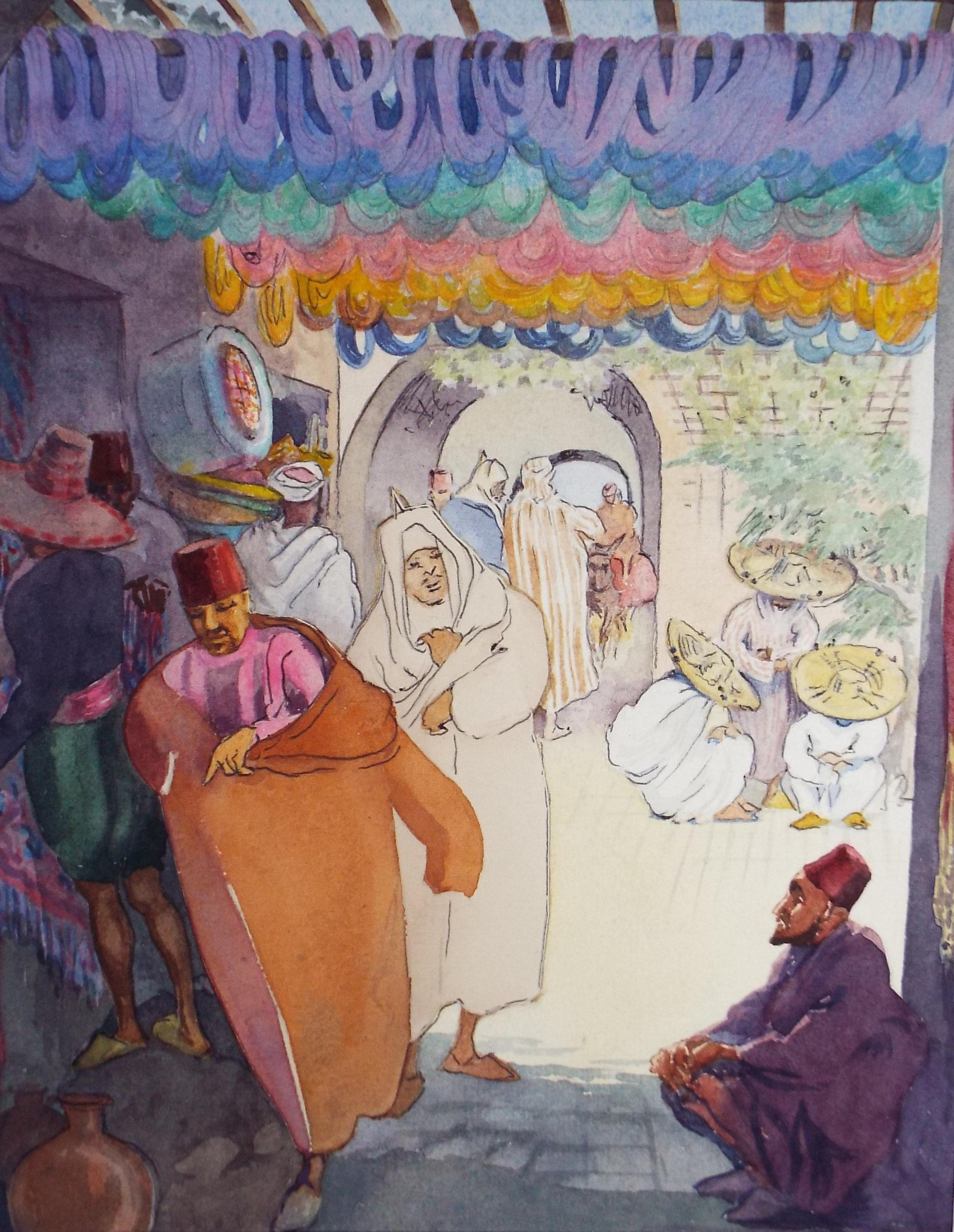 Original Watercolour, 'Figures in a Bazaar', Circa 1950's, Ivy T. Attwell (1895-1985)