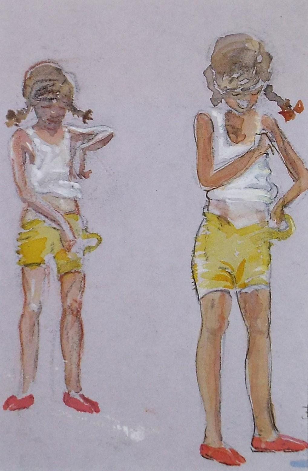 Original Watercolour, 'Girl in Yellow Shorts', circa 1930's, Artist Unknown