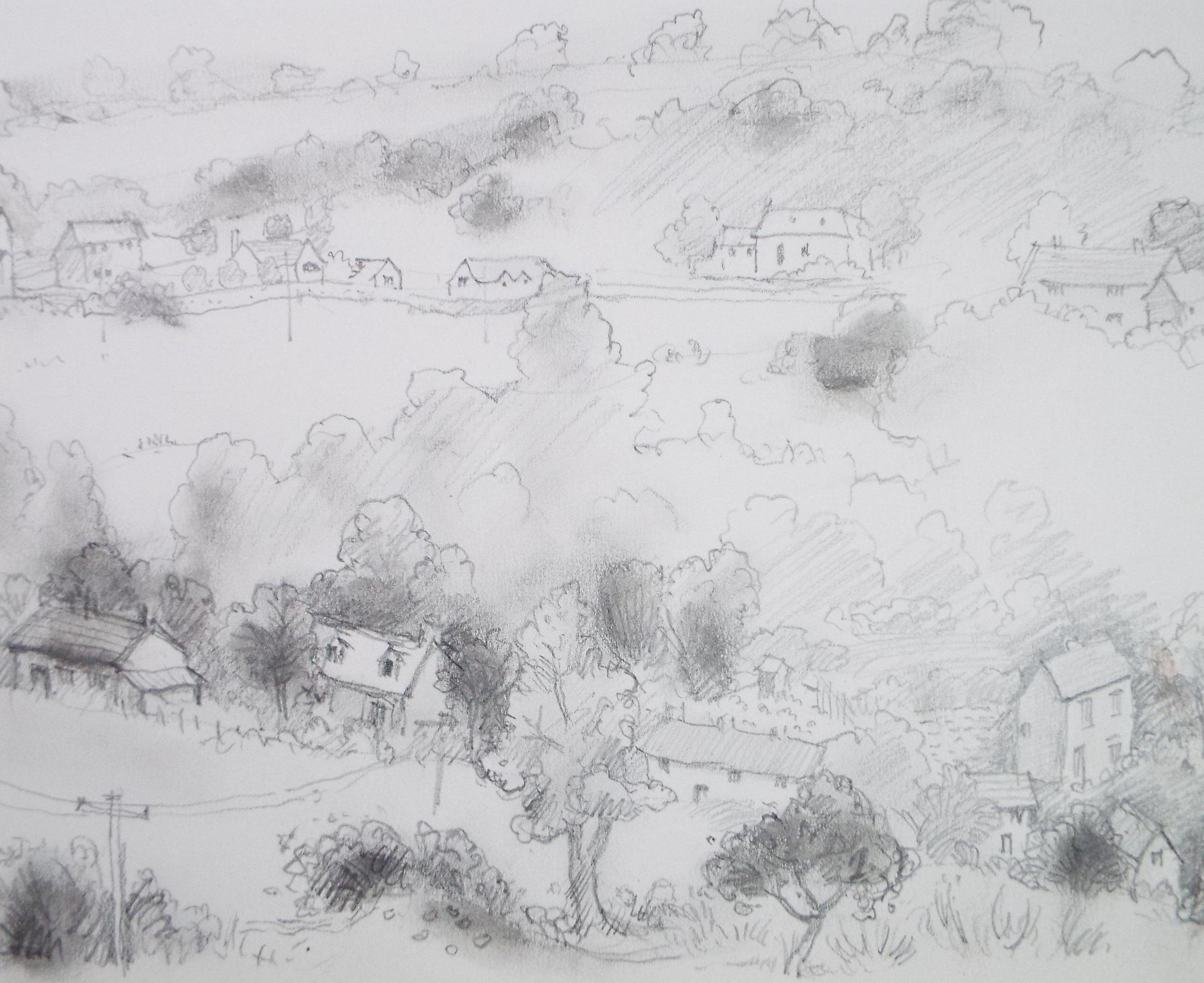 Pencil drawing 'Village in a Landscape', Artist Unknown', Circa 1990's