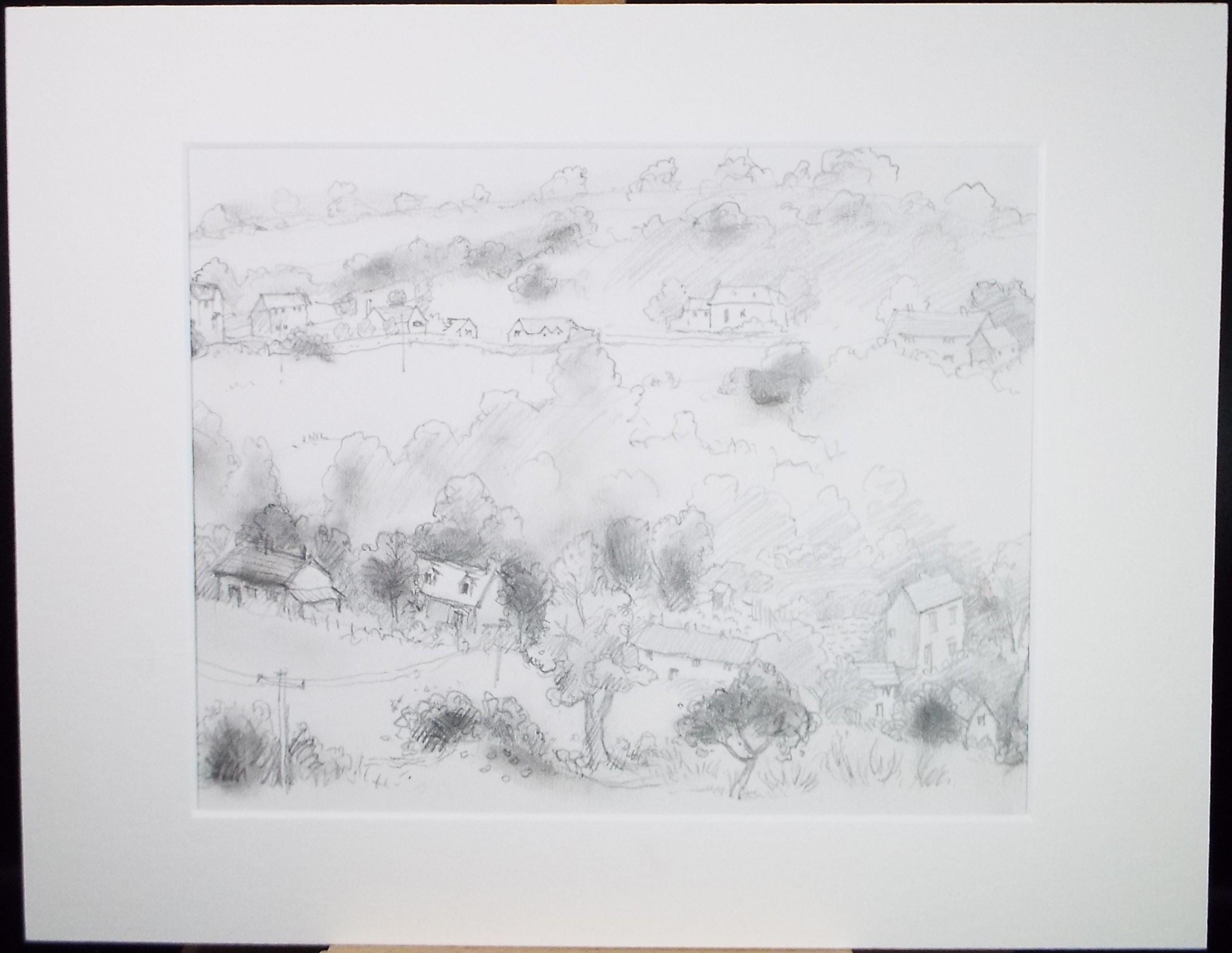 Pencil drawing 'Village in a Landscape', Artist Unknown', Circa 1990's
