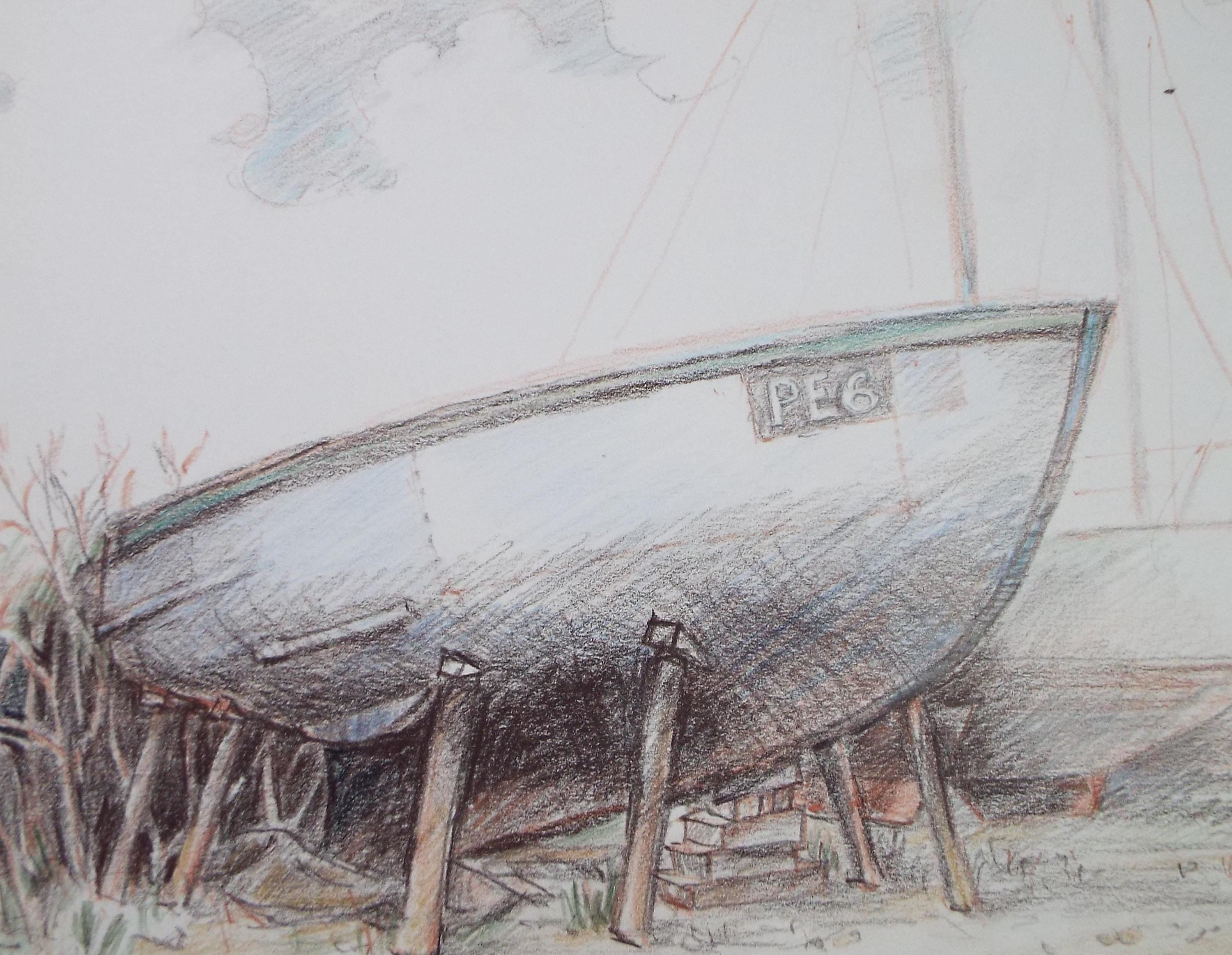 Original pencil drawing, 'Boat in the Yard', Circa 1990's
