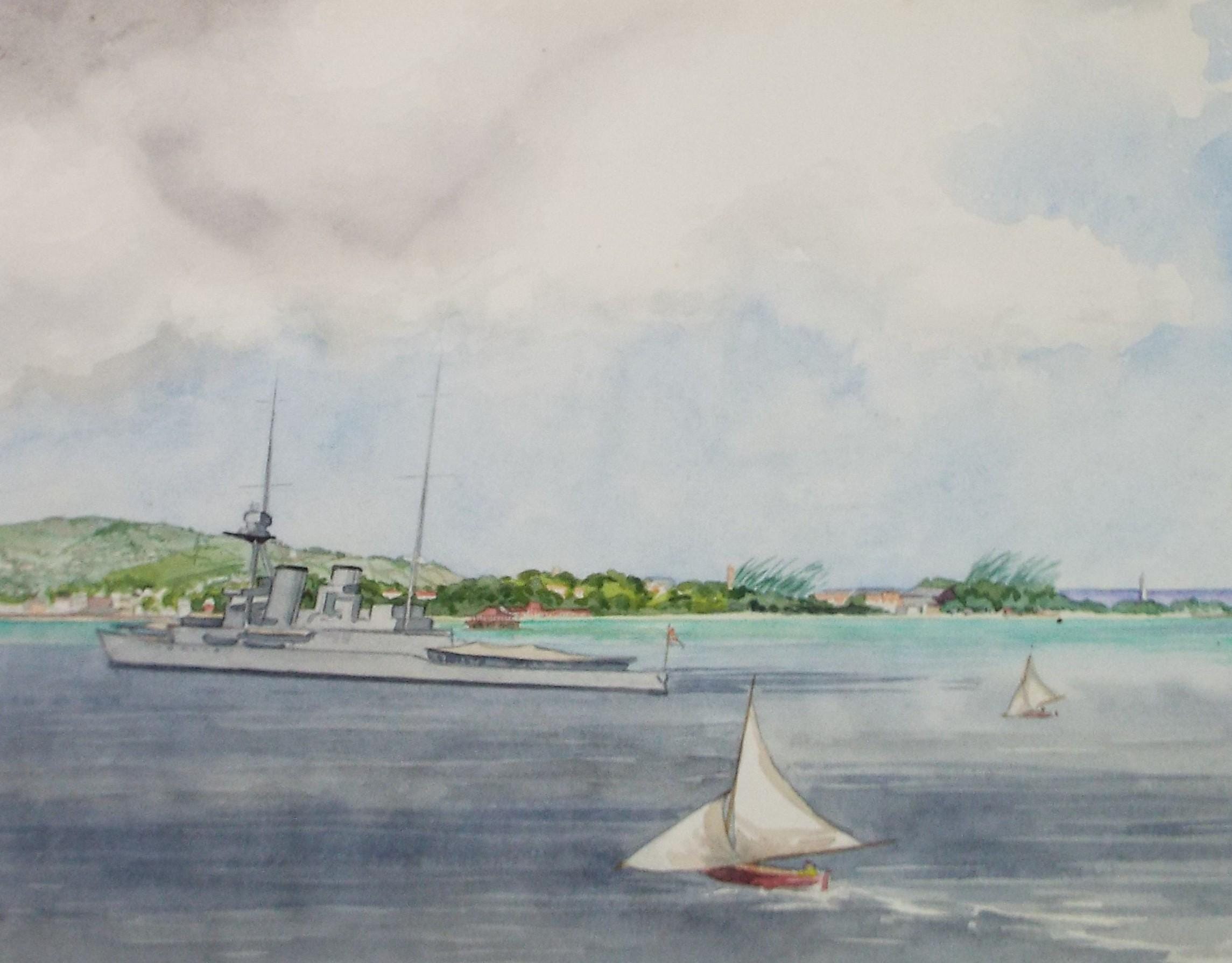 Original Watercolour, 'Shipping off the coast', Circa 1950's, Ivy T. Attwell (1895-1985)