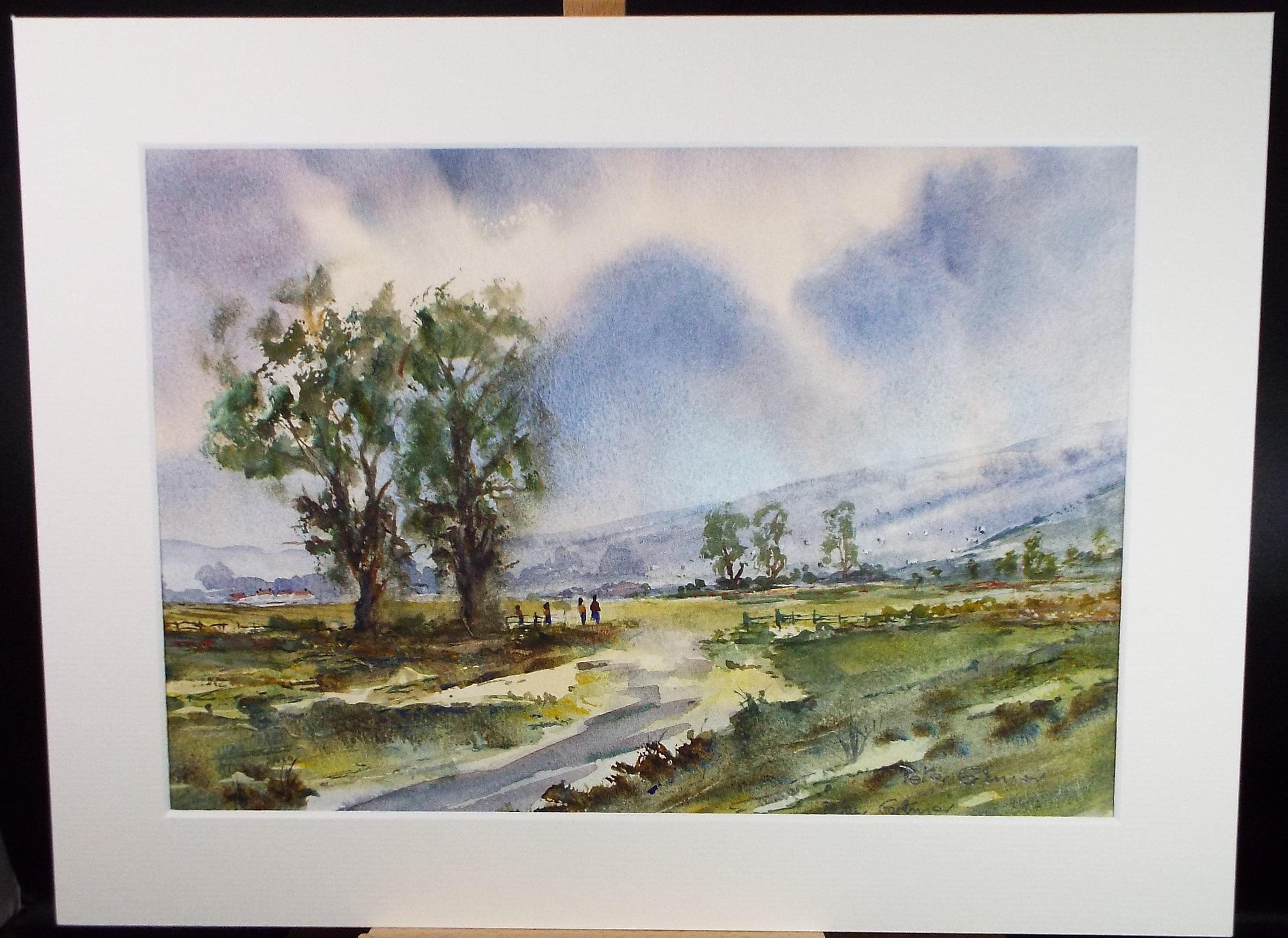 Original Watercolour, 'Green Landscape with figures', Peter Grimer, Dated 2005