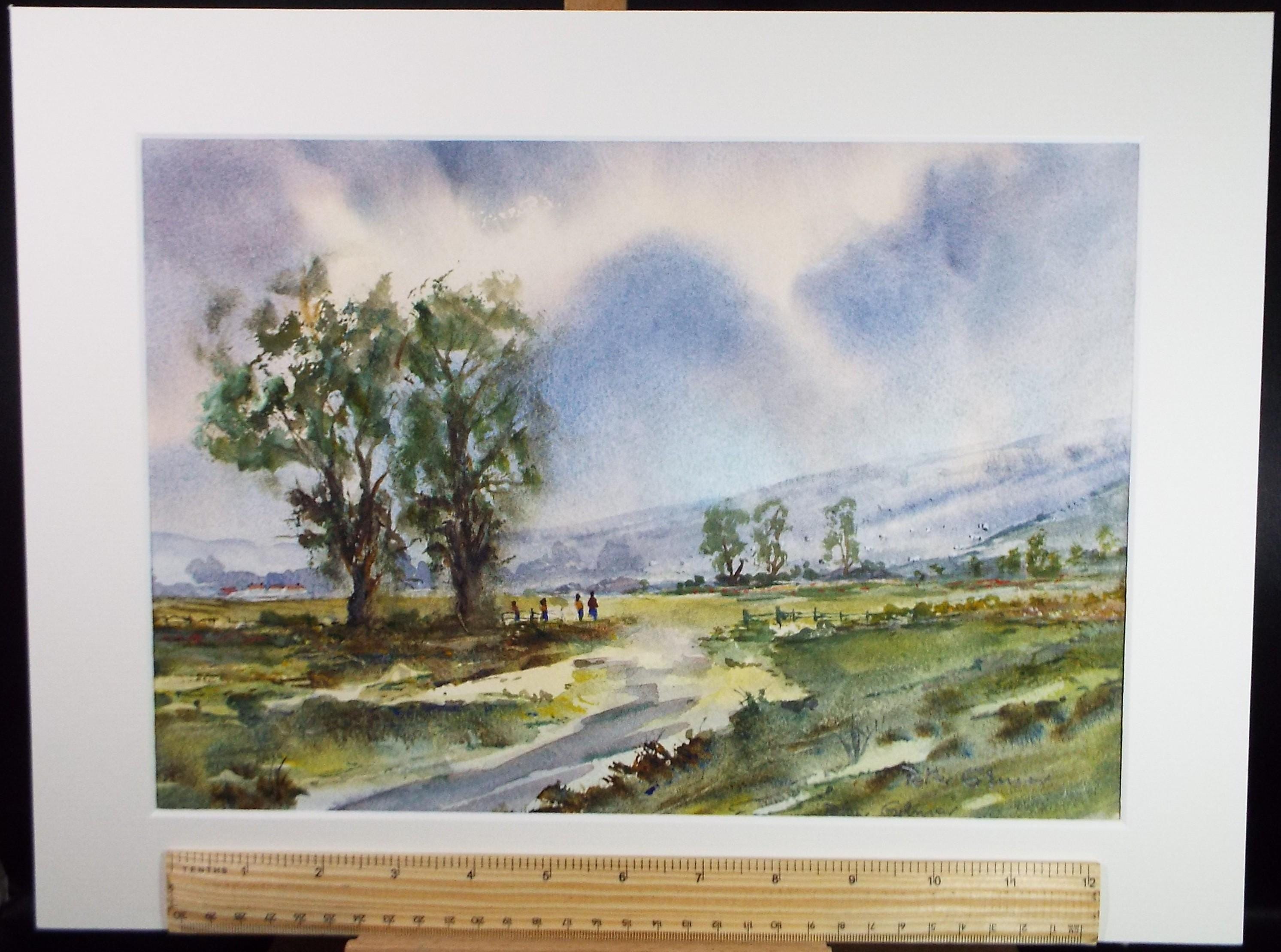 Original Watercolour, 'Green Landscape with figures', Peter Grimer, Dated 2005
