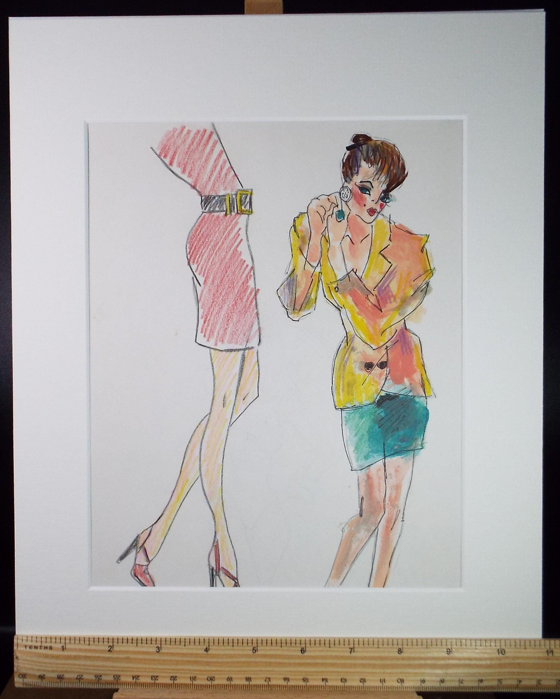 Original Watercolour and pencil, 'Power dressing', Circa 1980's, Unknown artist