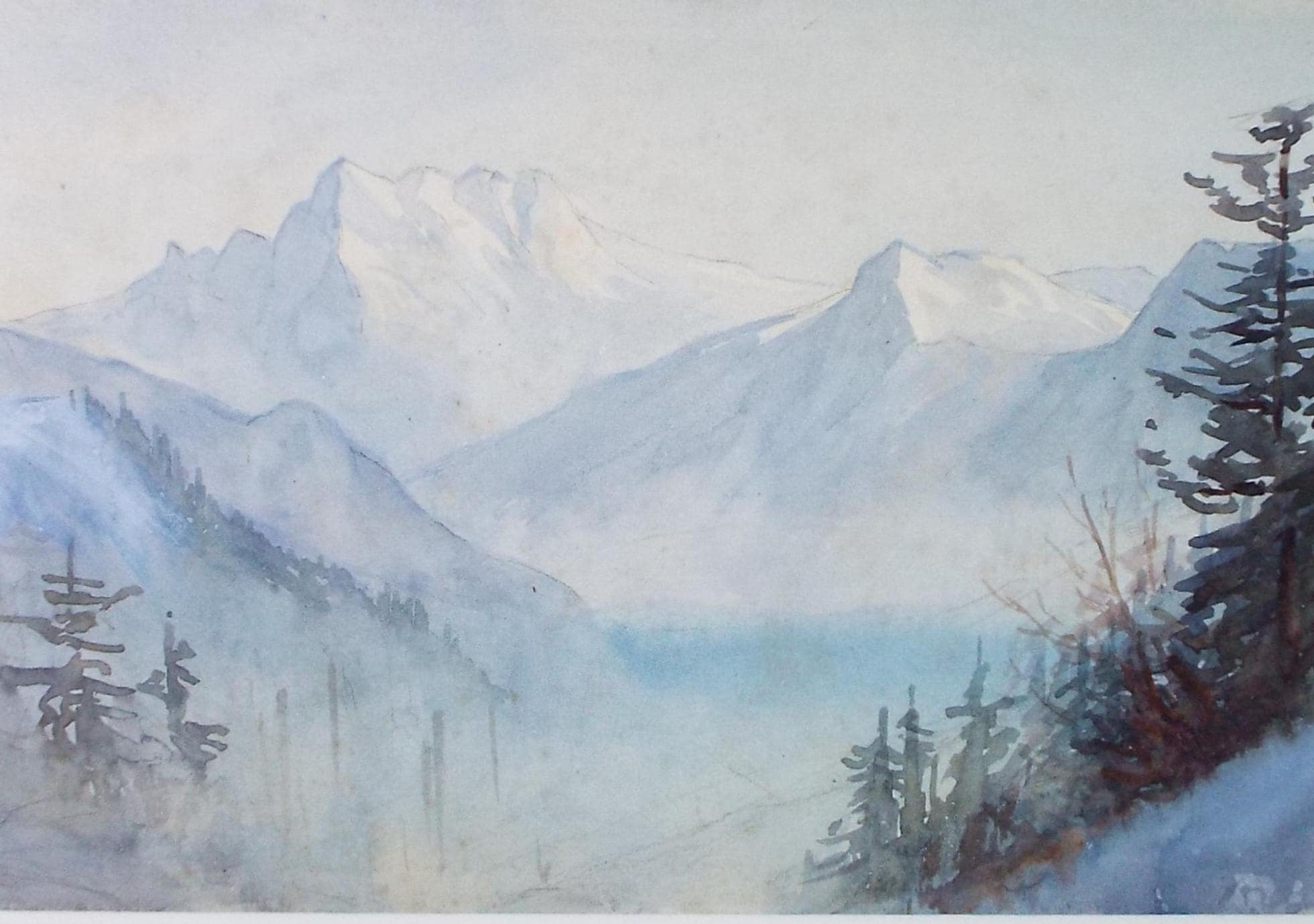 Original Watercolour, 'Alpine Peaks', unknown artist, circa 1900