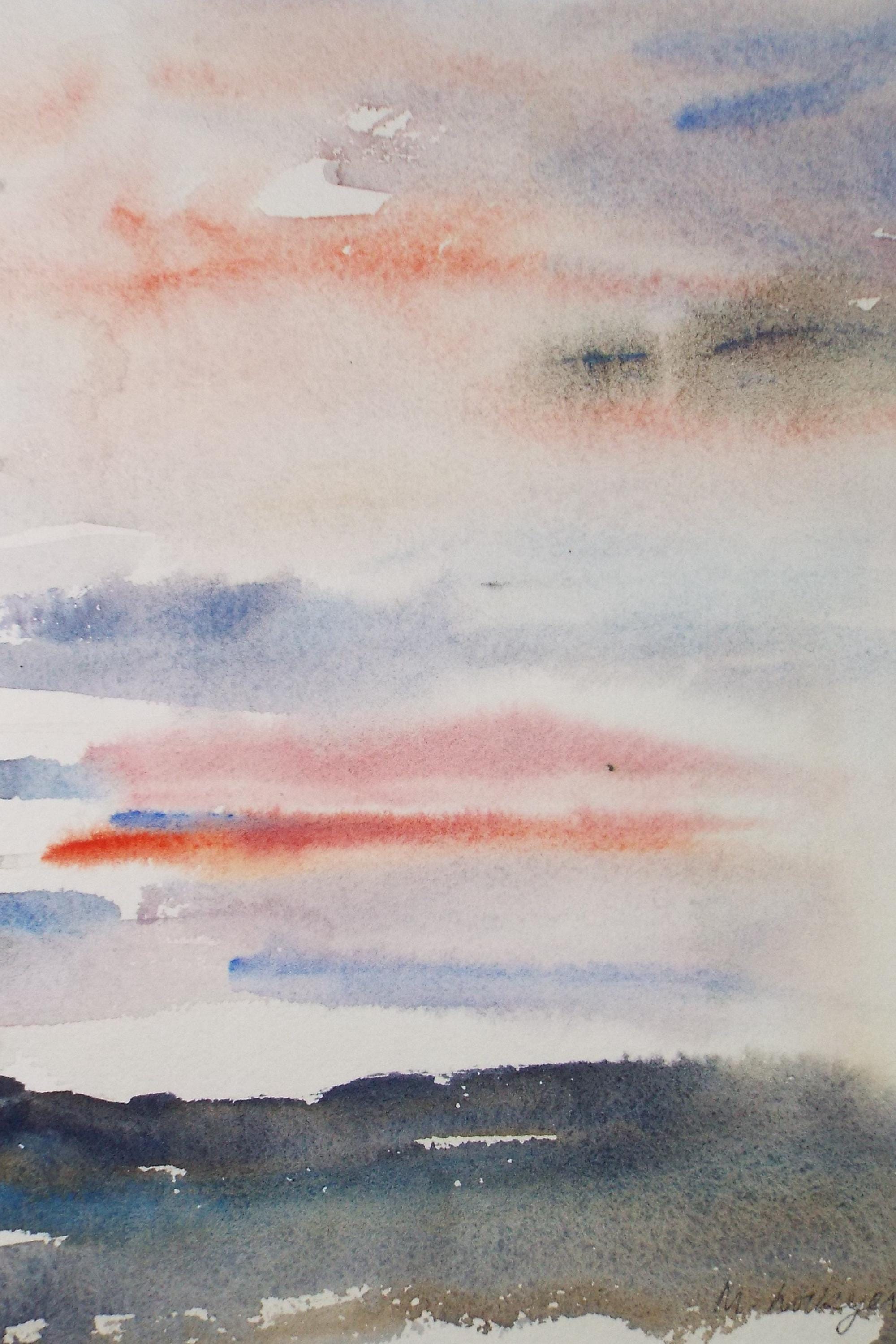 Original Watercolour on Paper, 'Sunset over a Landscape', circa 1970's, Mildred Lockyer