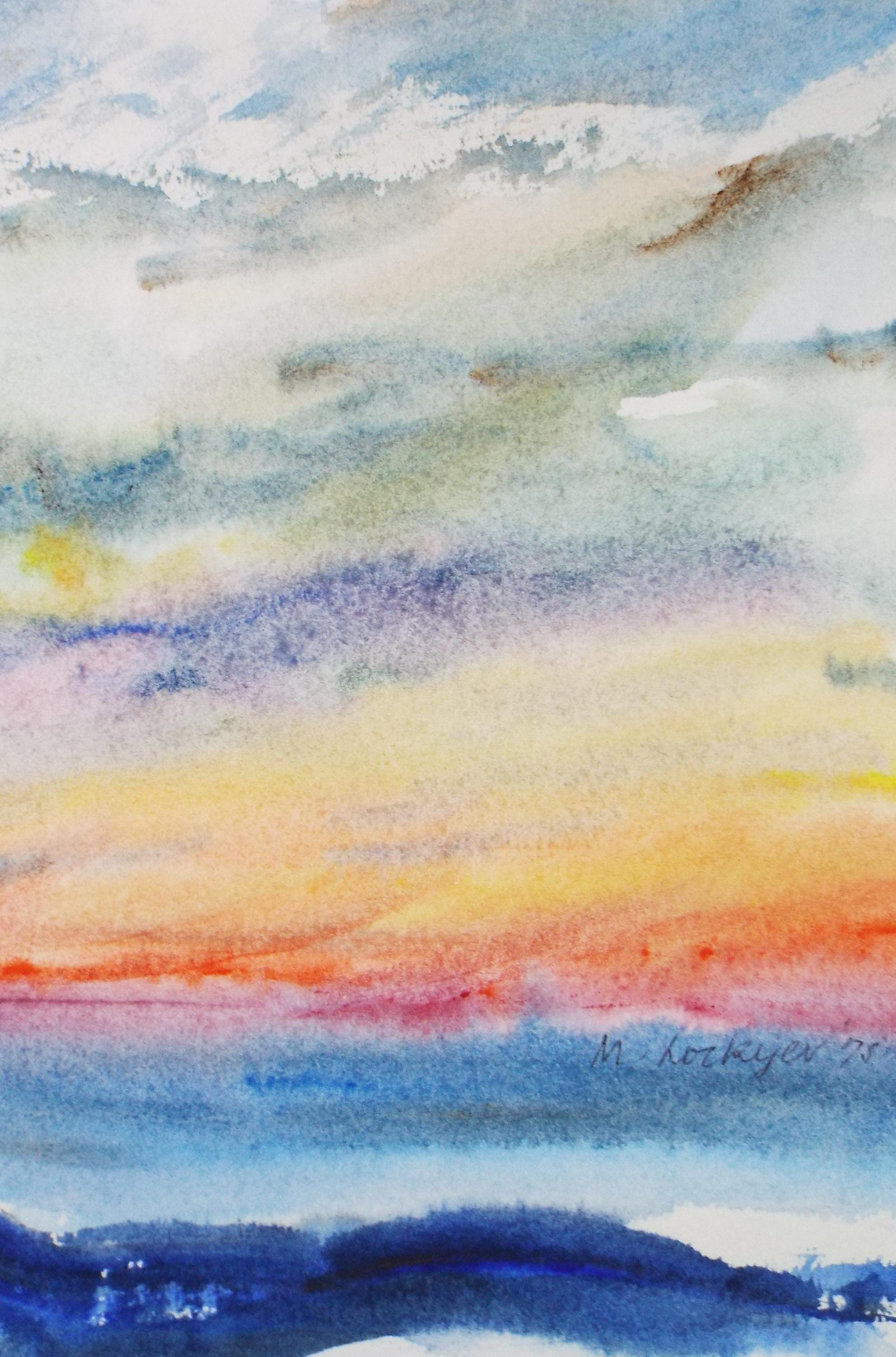 Original Watercolour on Paper, 'Sunset over a Landscape', dated 1975, Mildred Lockyer
