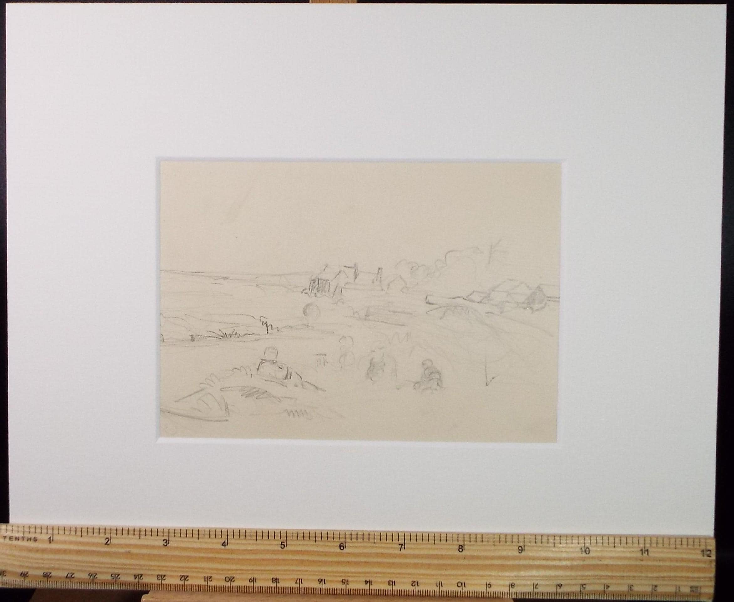 Original Pencil drawing 'Figures on the beach', Mid 20th Century, Hilda Burford (1887-1957)