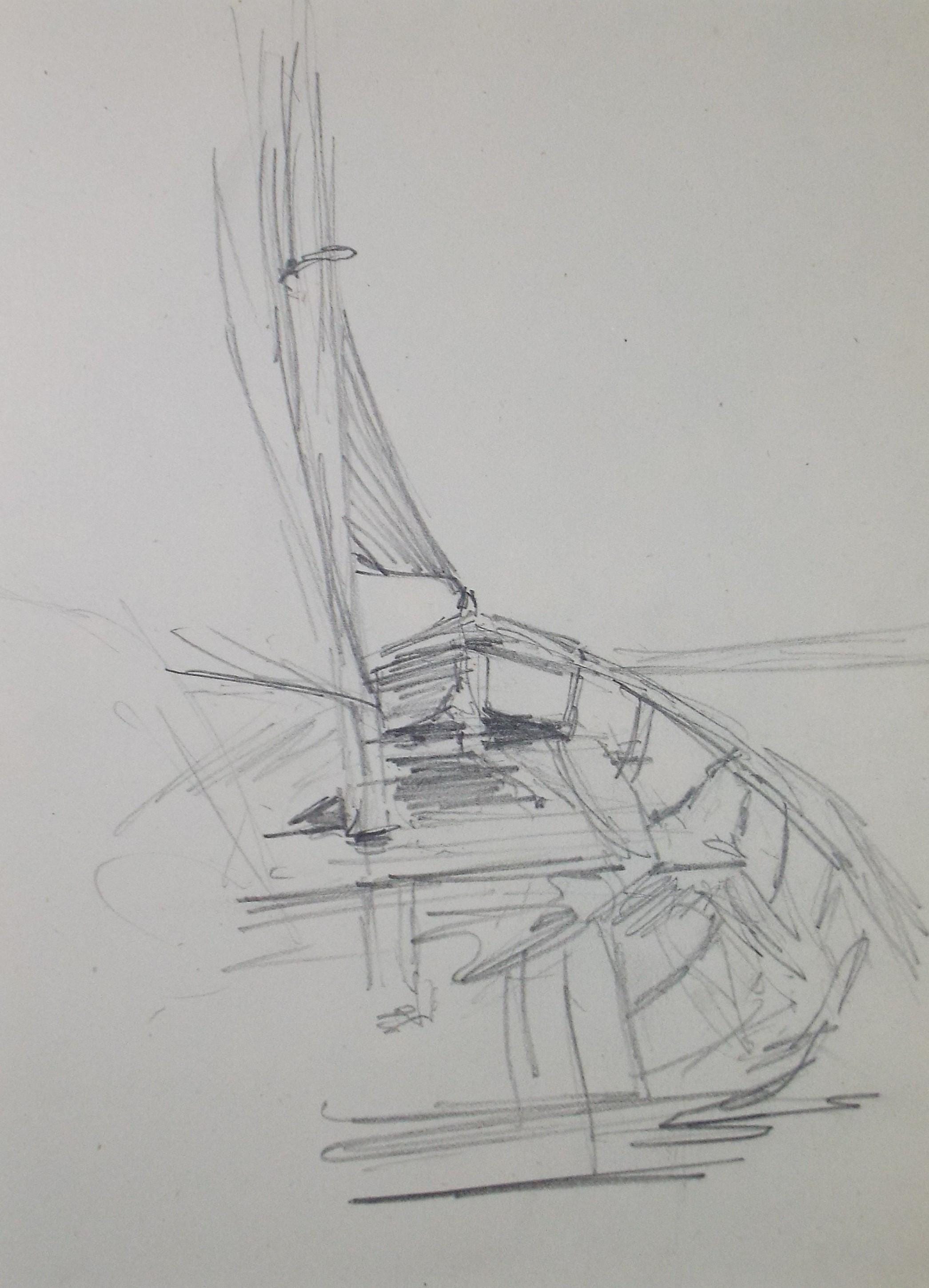 Original Pencil Sketch,'Study of a Sail Boat', Hilda Burford (1887-1957)