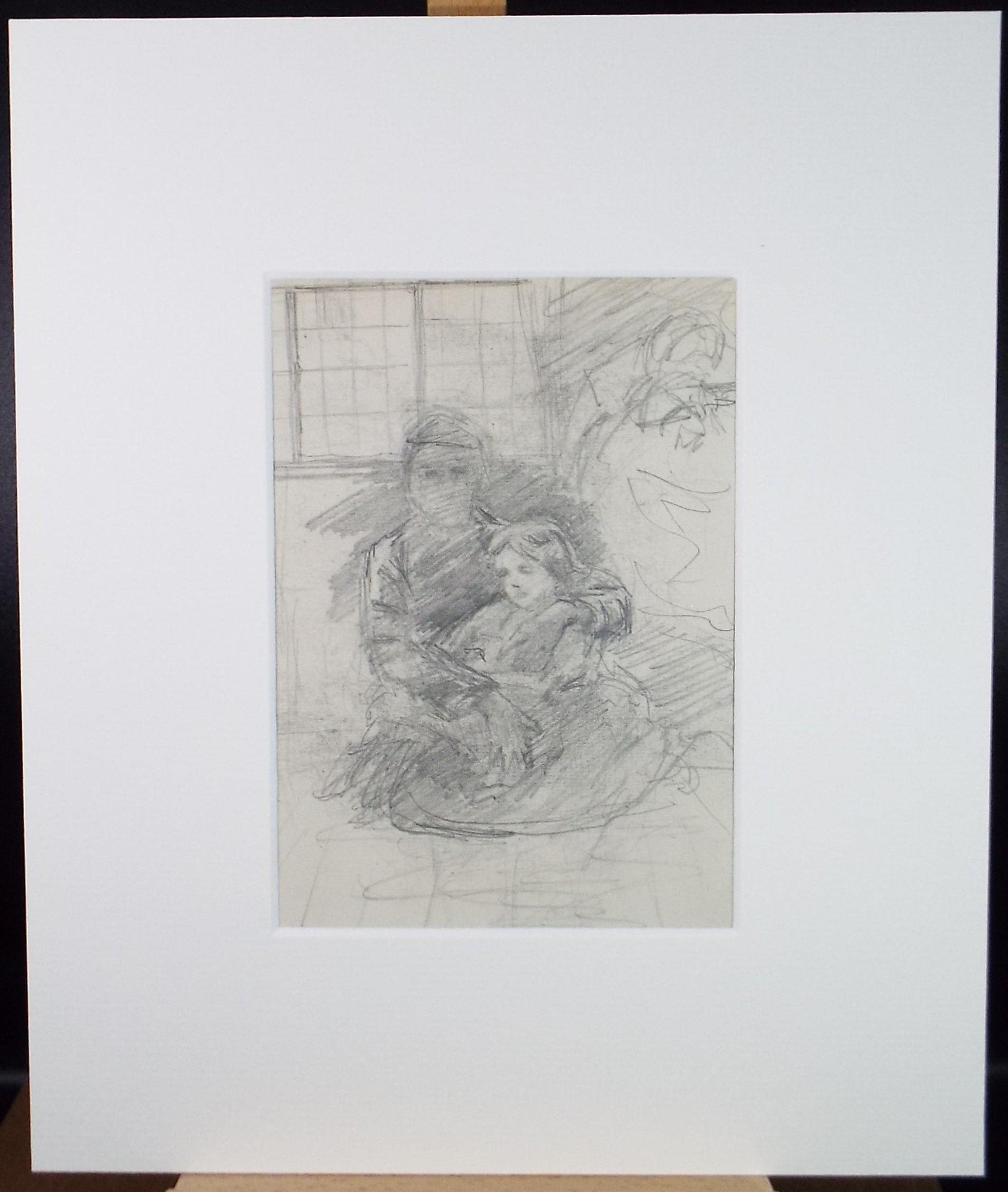 Original pencil sketch, 'Figure with Child' ,Unknown artist, Circa 1910