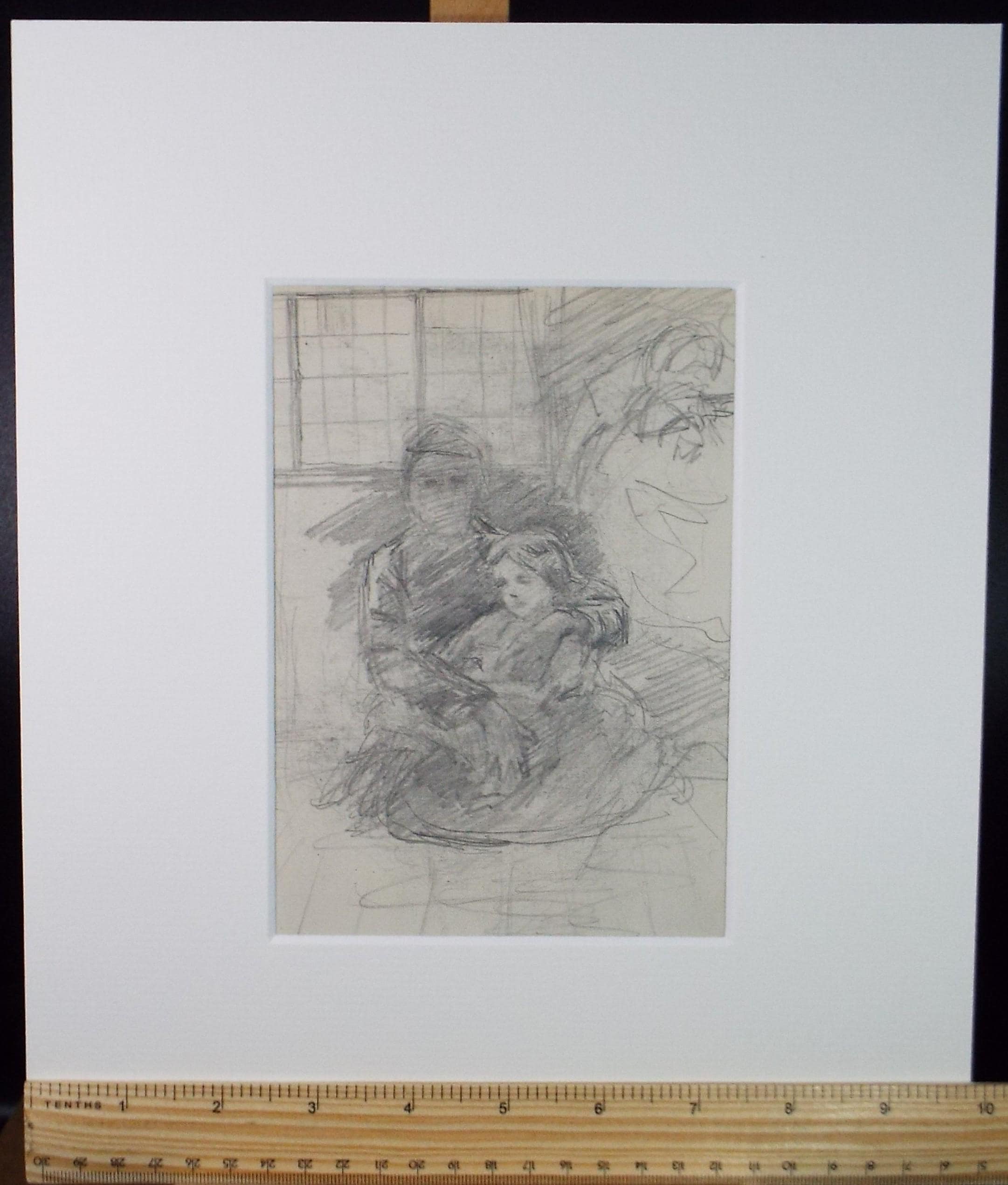 Original pencil sketch, 'Figure with Child' ,Unknown artist, Circa 1910