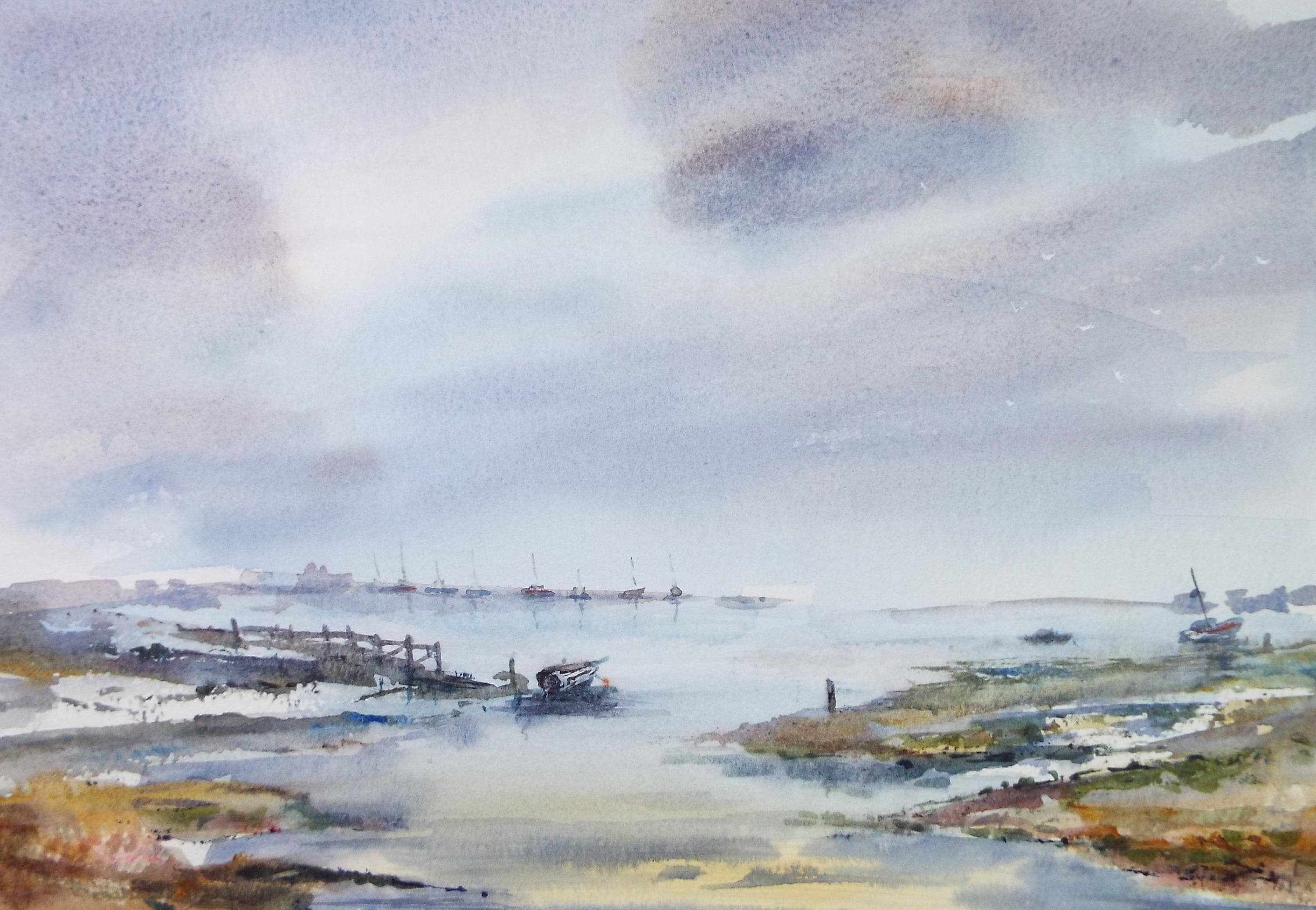 Original Watercolour, 'Coast with moored boats', Peter Grimer, Dated 2000