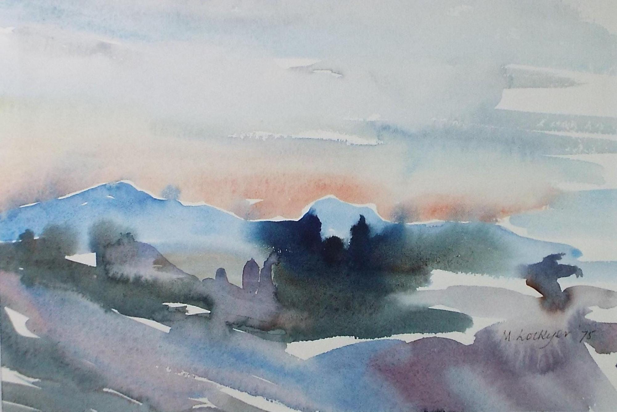 Original Watercolour on Paper, 'Sunset over a Landscape', Dated 1975, Mildred Lockyer